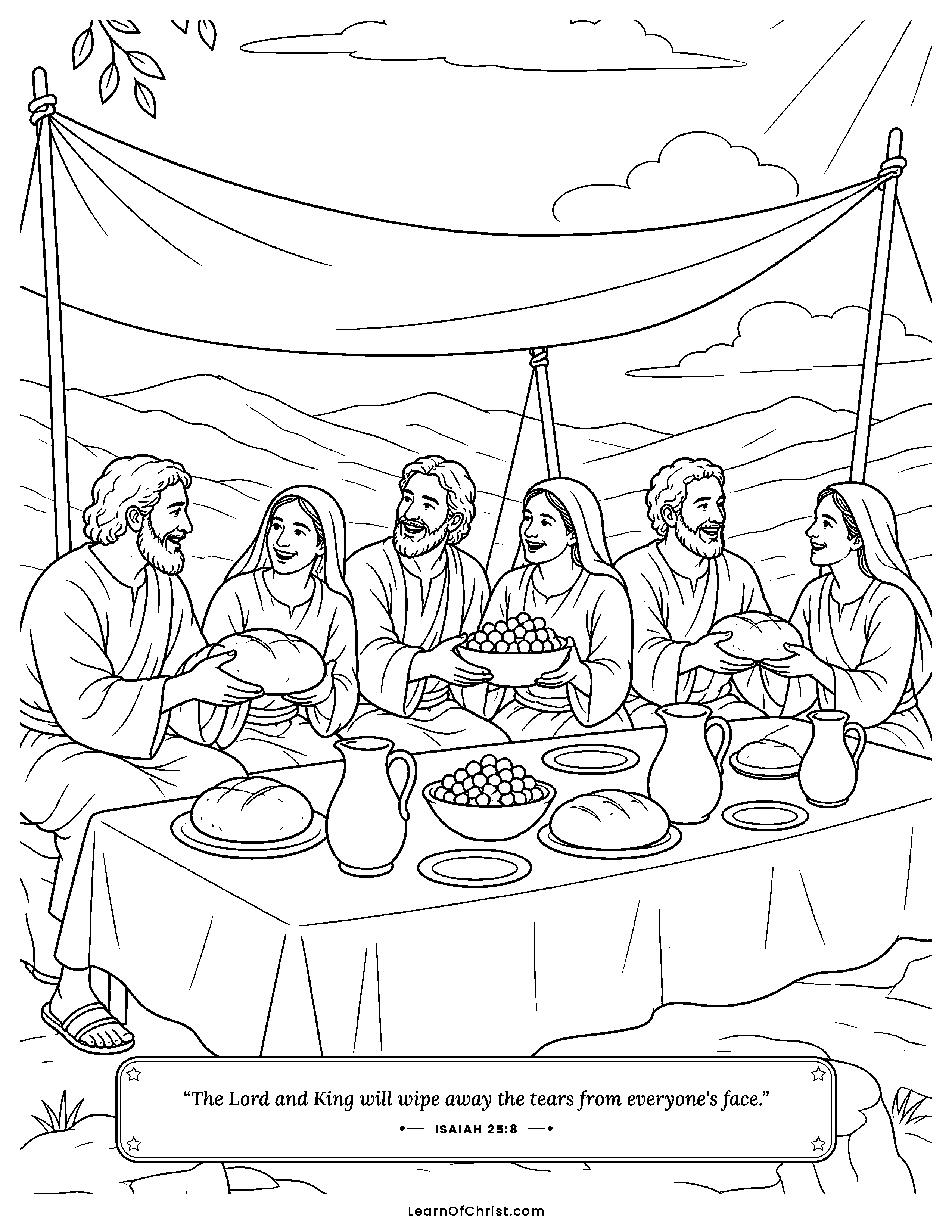 Isaiah 25 coloring page - A feast on the mountain. Free printable Bible coloring sheet for kids.