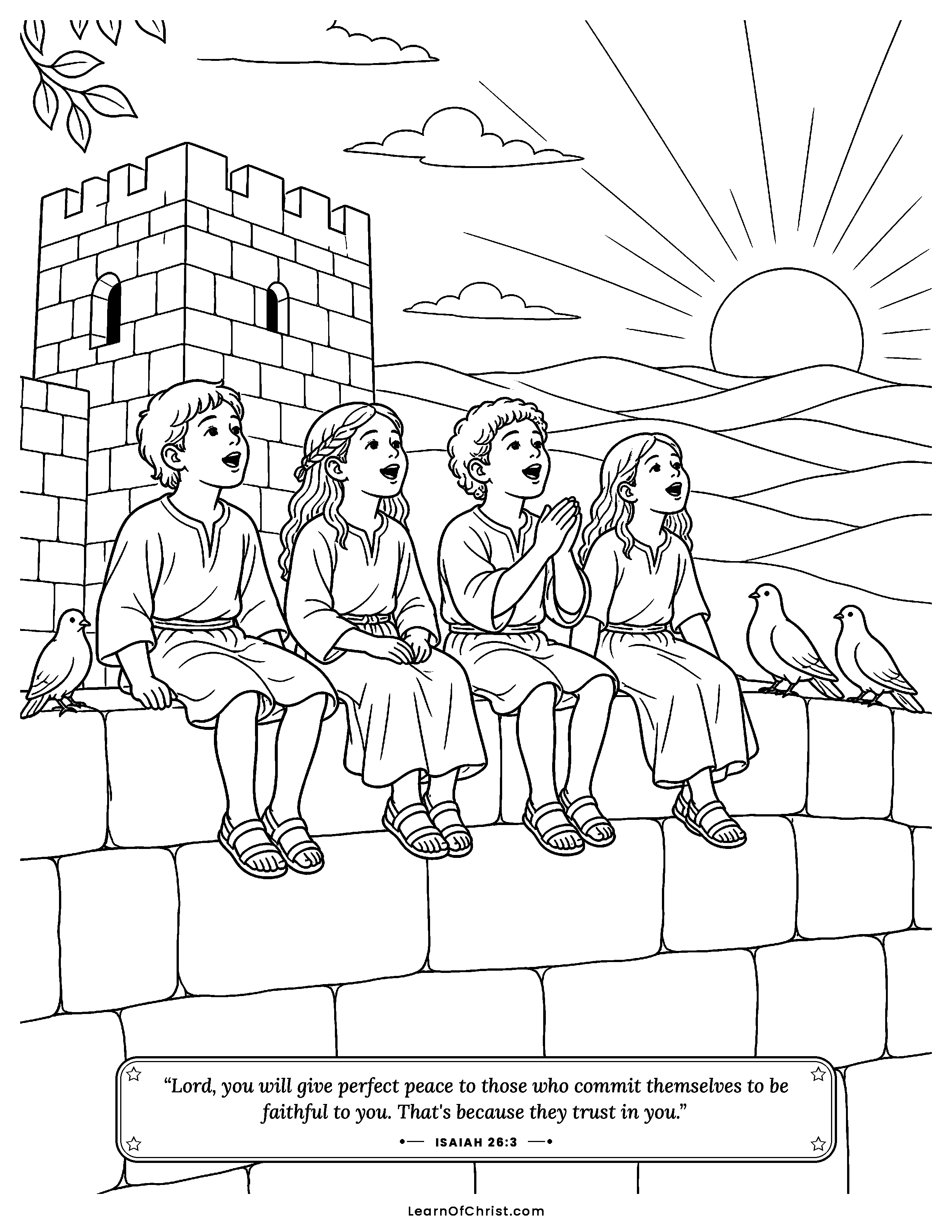 Isaiah 26 coloring page - A song on top of the strong wall. Free printable Bible coloring sheet for kids.