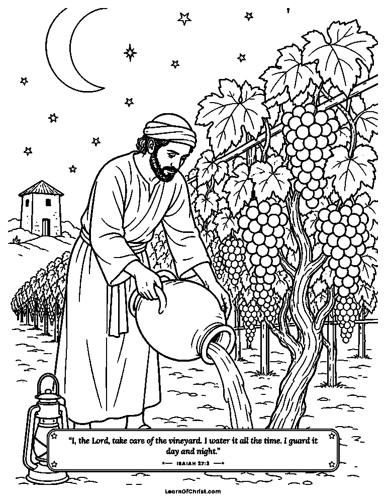 The gardener waters his vineyard at night