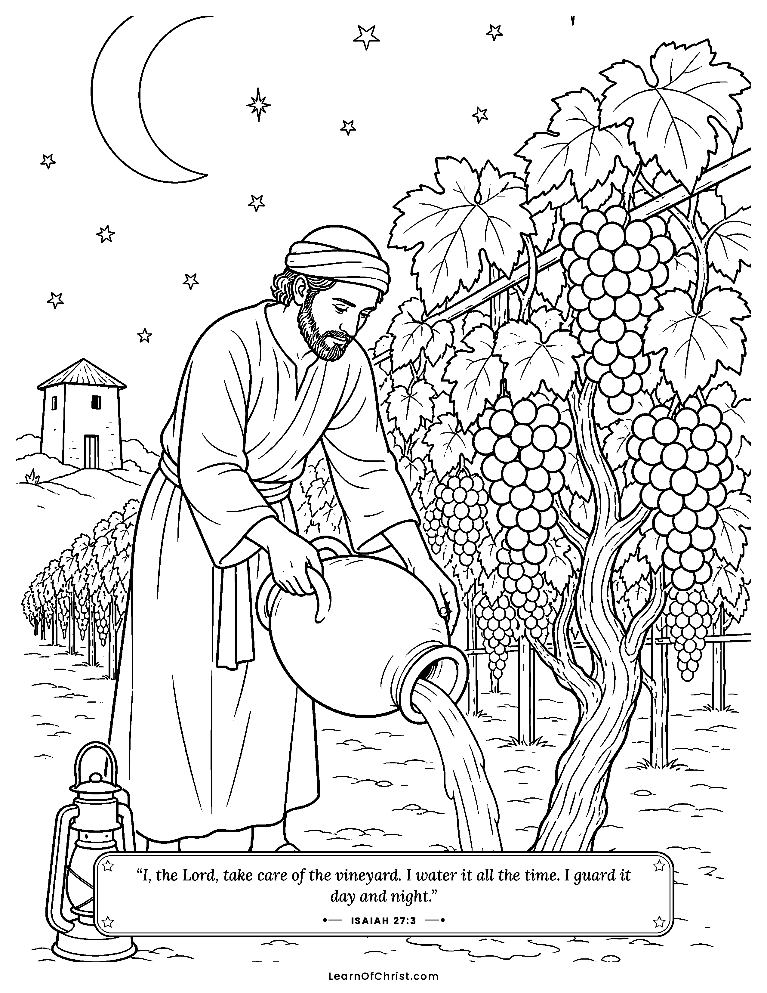 Isaiah 27 coloring page - The gardener waters his vineyard at night. Free printable Bible coloring sheet for kids.