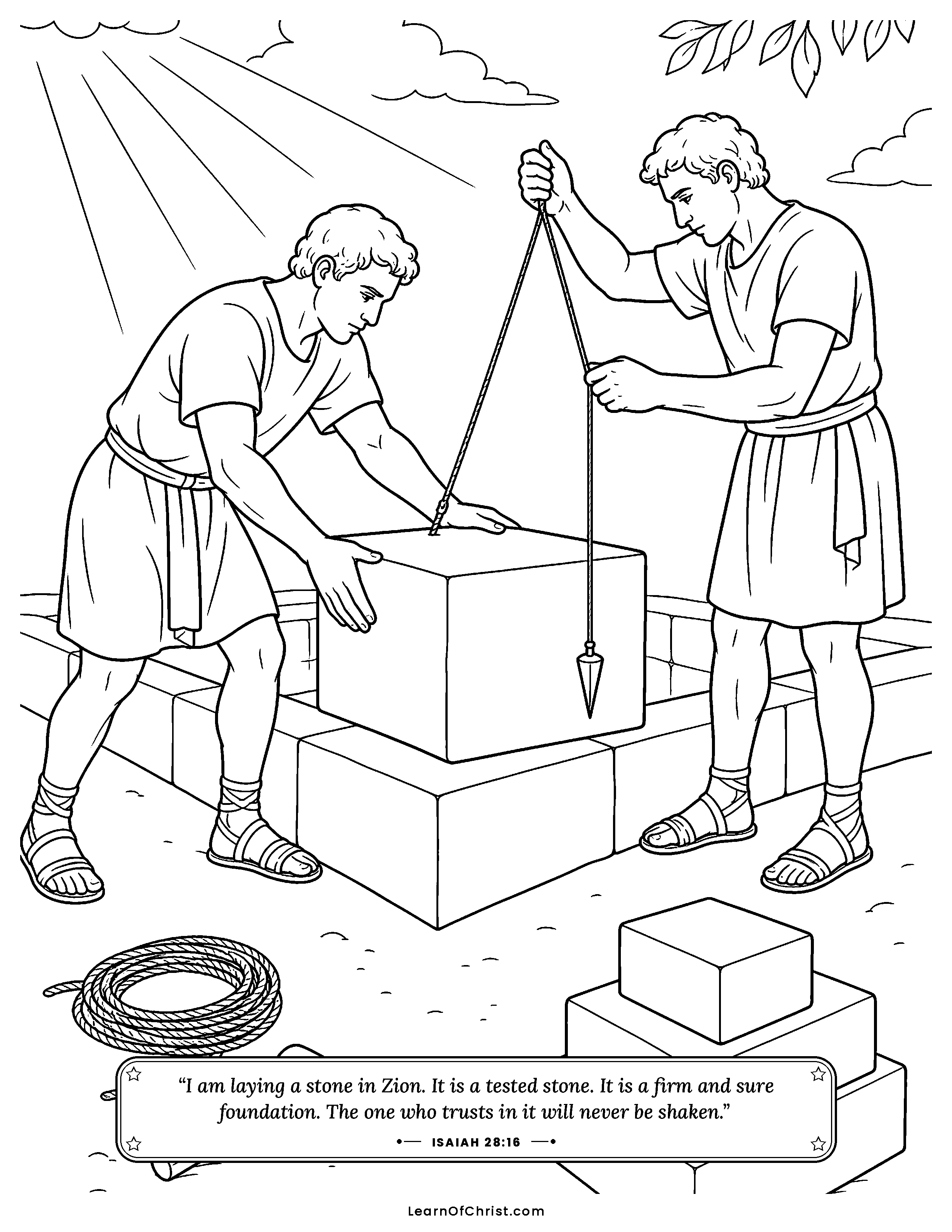 Isaiah 28 coloring page - Builders set the precious cornerstone. Free printable Bible coloring sheet for kids.