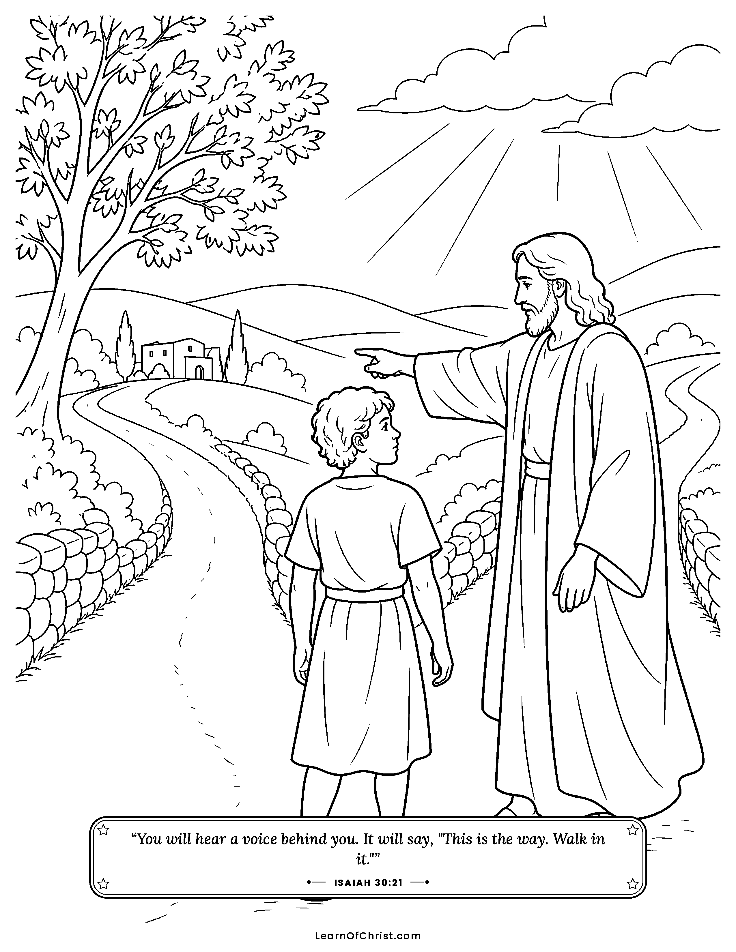 Isaiah 30 coloring page - A gentle voice says this is the way. Free printable Bible coloring sheet for kids.