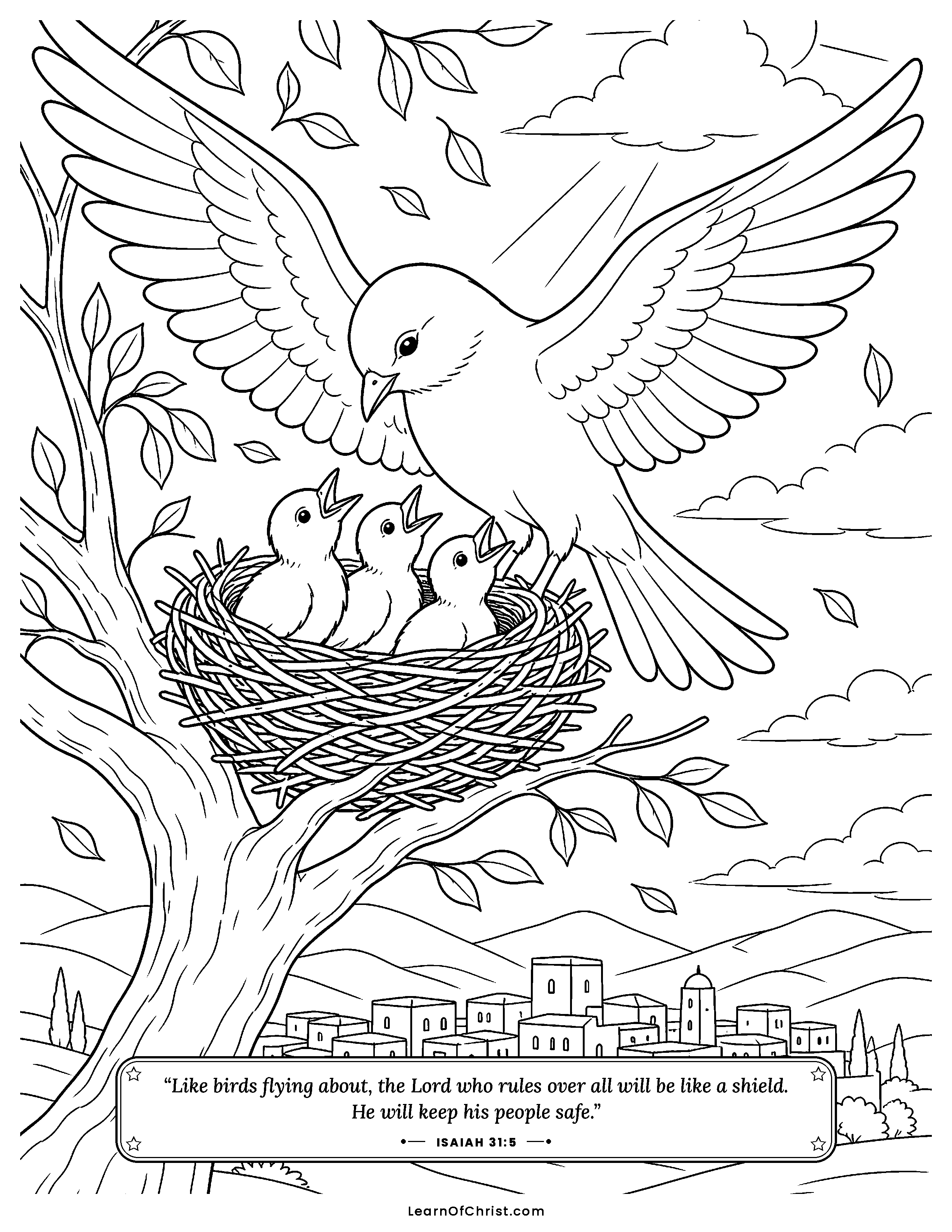 Isaiah 31 coloring page - A mother bird shields her nest. Free printable Bible coloring sheet for kids.