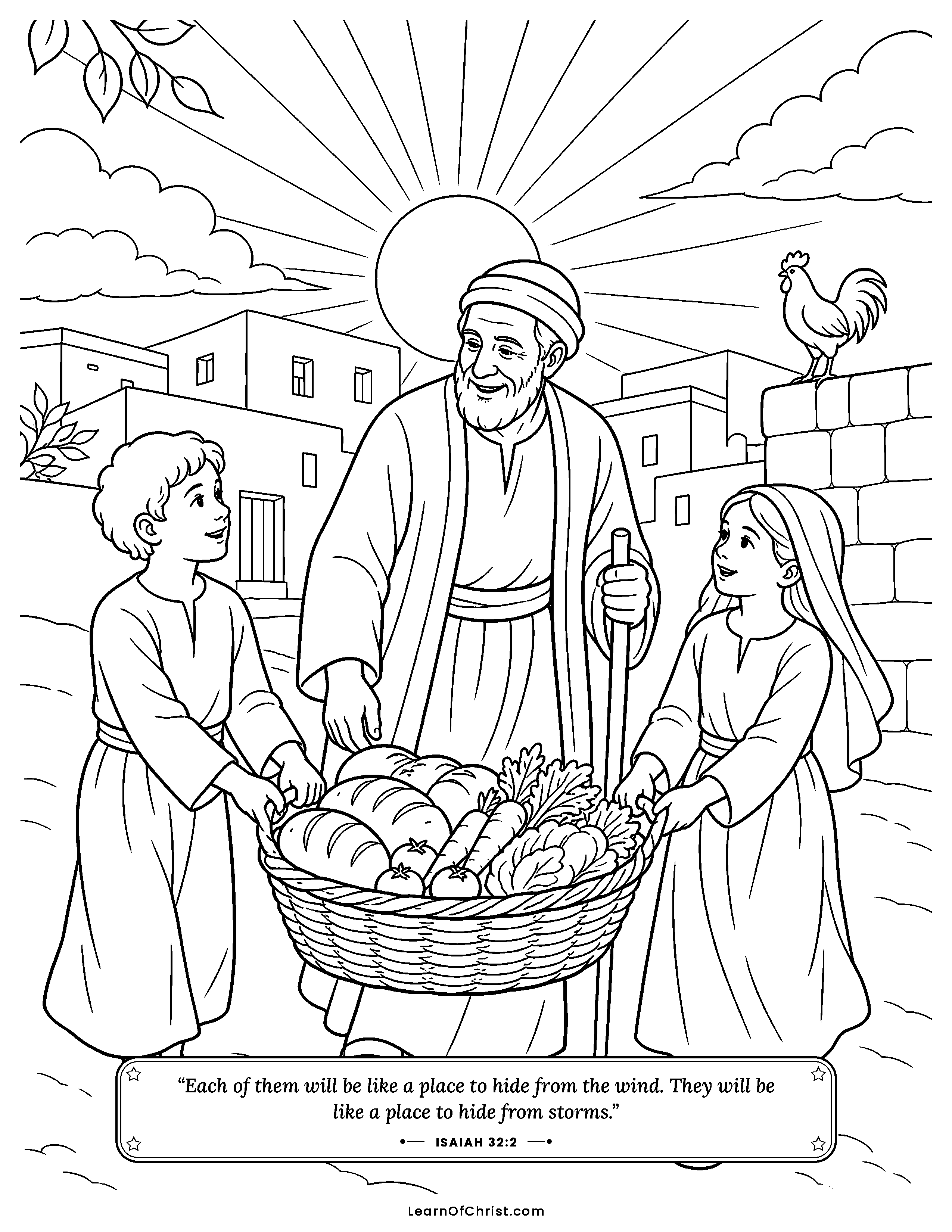 Isaiah 32 coloring page - Travelers rest in the shade of a rock. Free printable Bible coloring sheet for kids.
