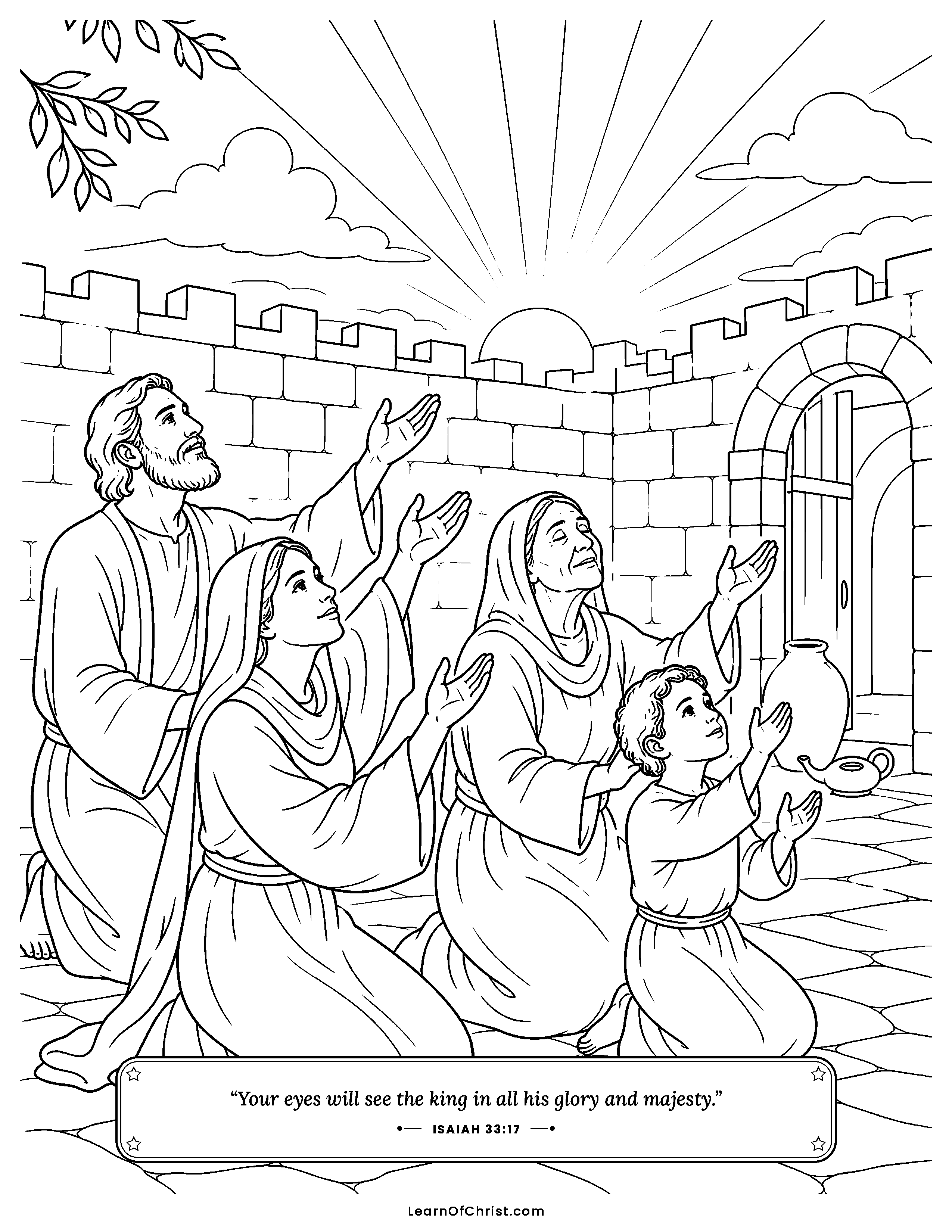 Isaiah 33 coloring page - The people pray together at sunrise. Free printable Bible coloring sheet for kids.