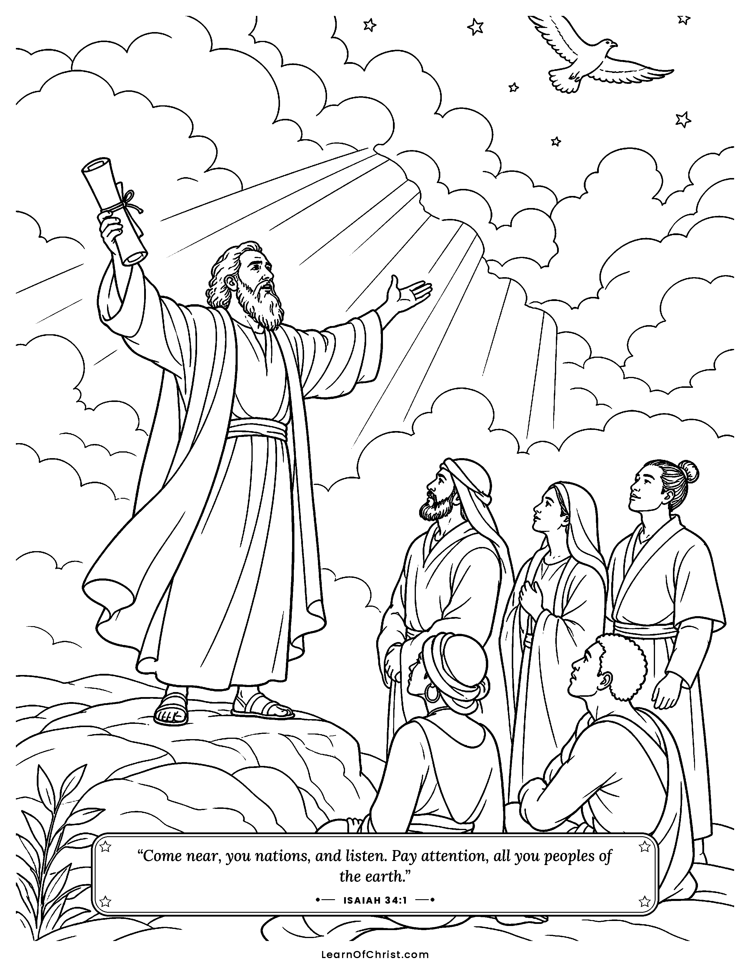 Isaiah 34 coloring page - Isaiah calls out under a wide sky. Free printable Bible coloring sheet for kids.