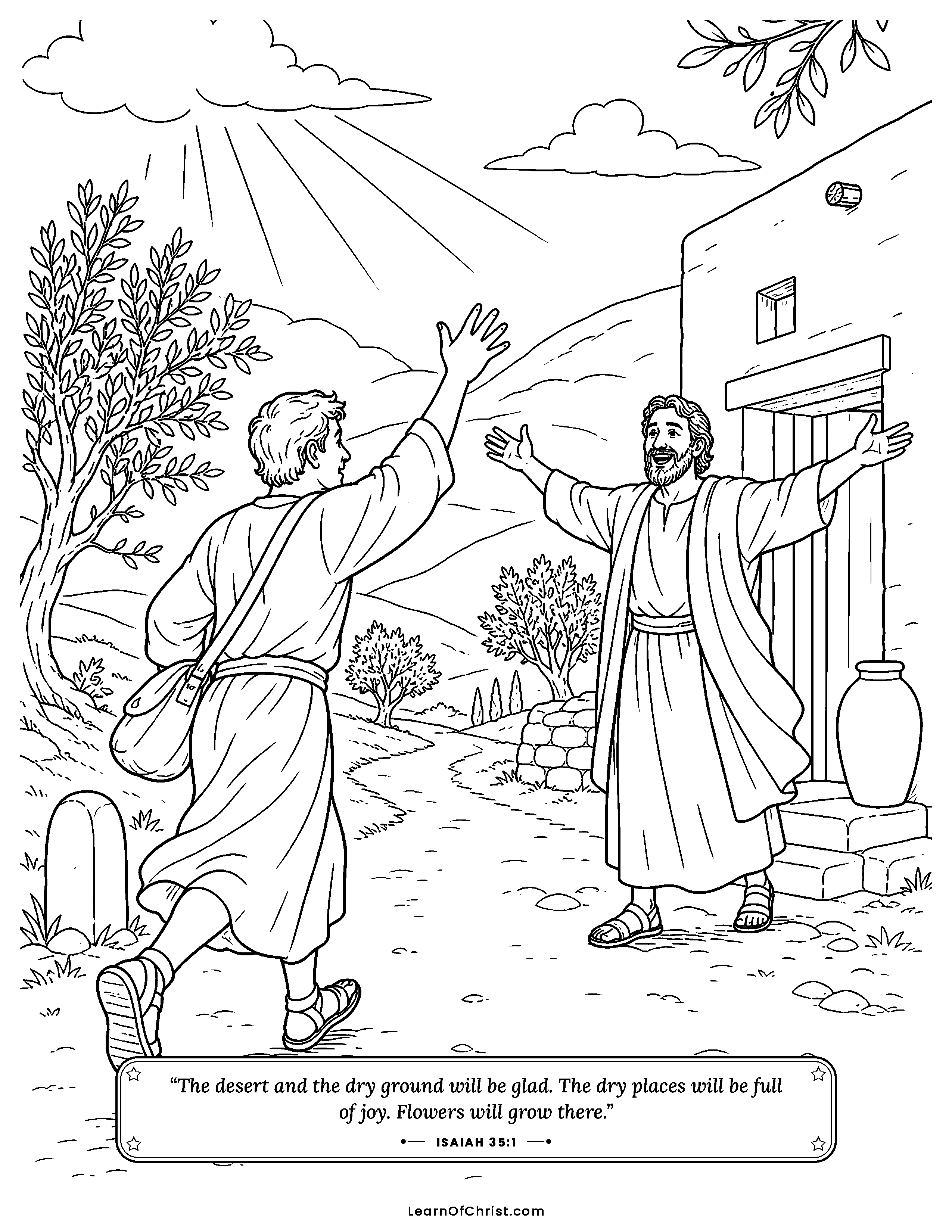 Isaiah 35 coloring page - The desert blooms and a deer leaps. Free printable Bible coloring sheet for kids.
