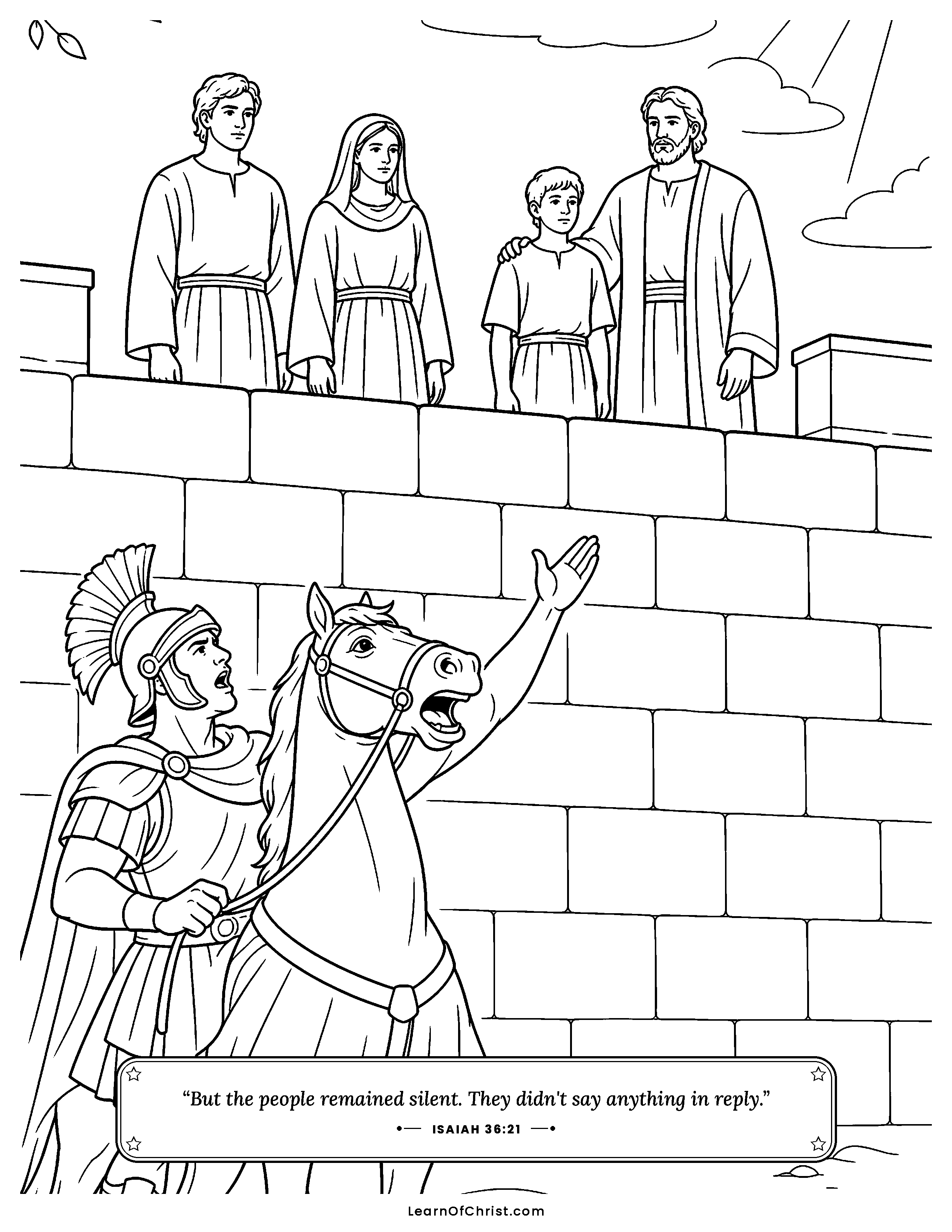 Isaiah 36 coloring page - The people stay quiet on the wall. Free printable Bible coloring sheet for kids.
