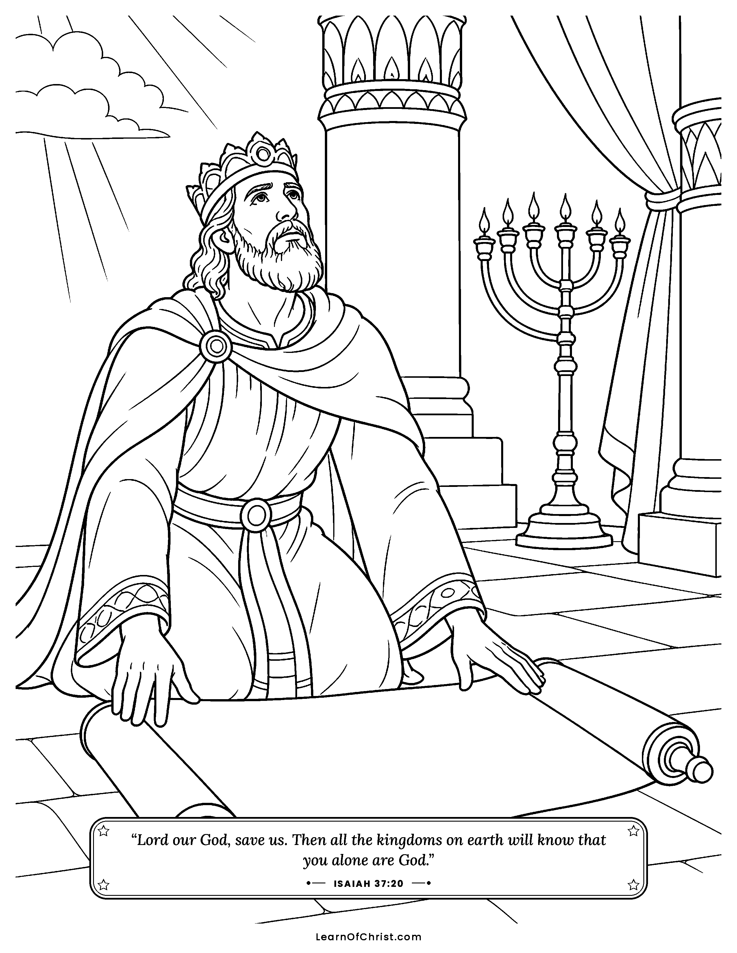 Isaiah 37 coloring page - Hezekiah spreads the letter before God. Free printable Bible coloring sheet for kids.