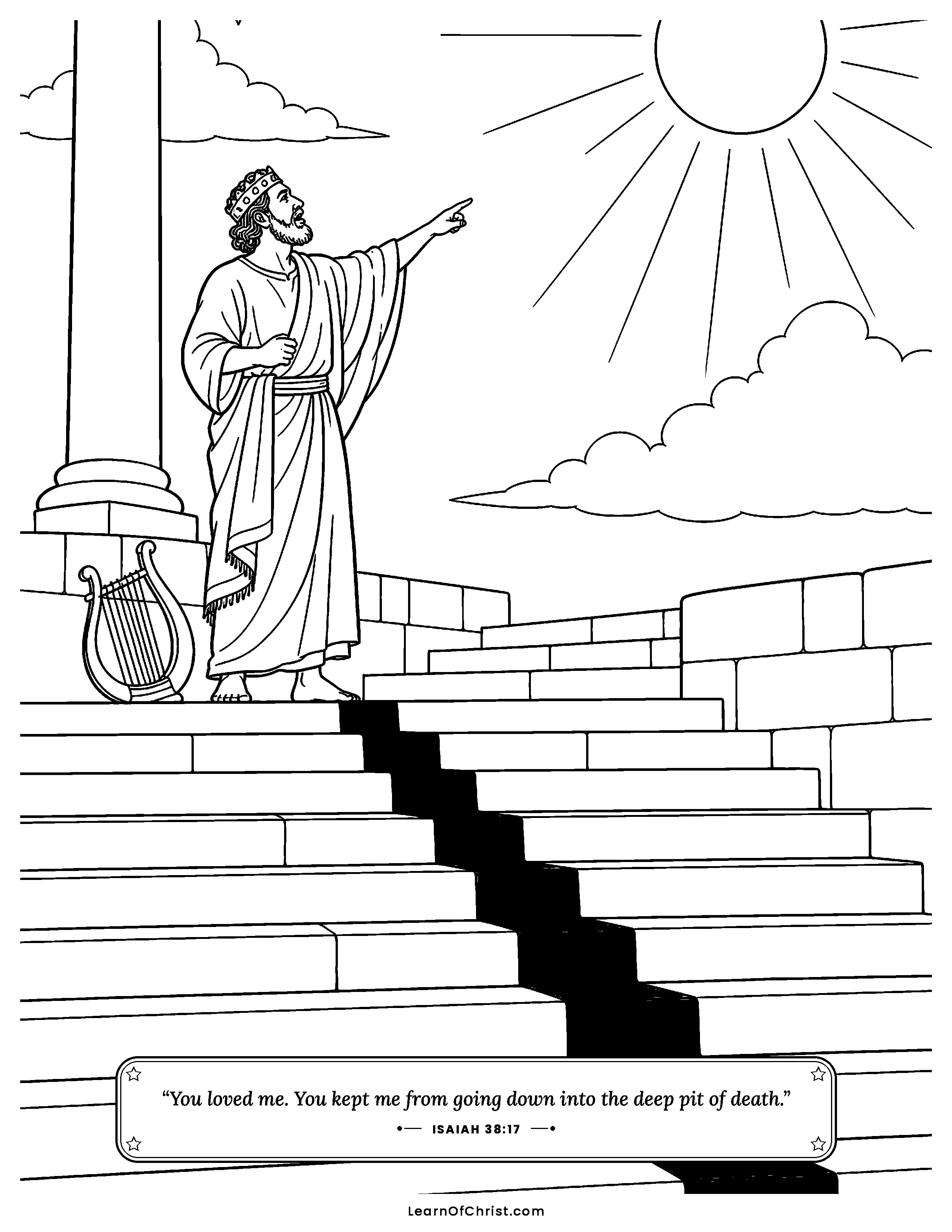 Isaiah 38 coloring page - The stairway shadow moves backward. Free printable Bible coloring sheet for kids.