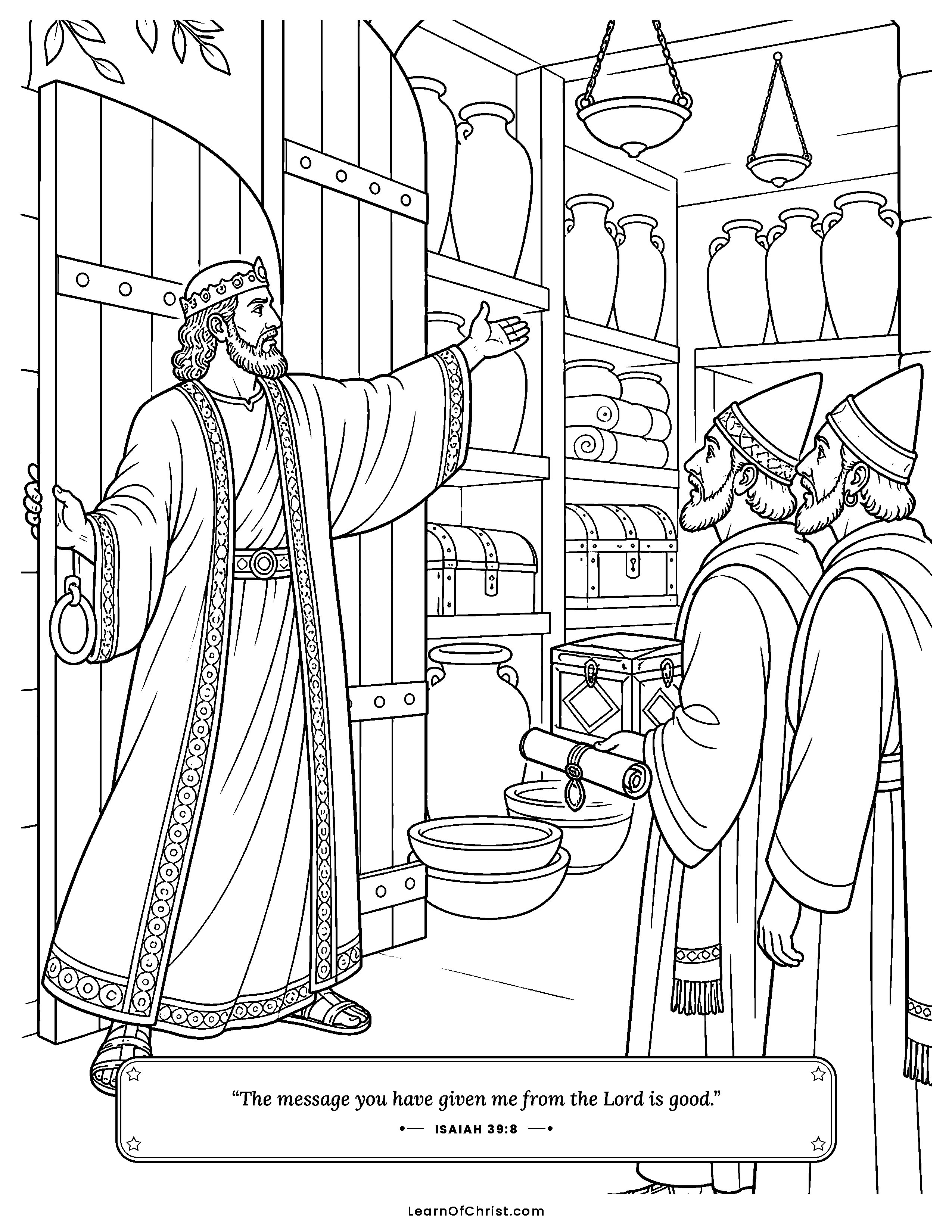 Isaiah 39 coloring page - Hezekiah shows off his treasure rooms. Free printable Bible coloring sheet for kids.