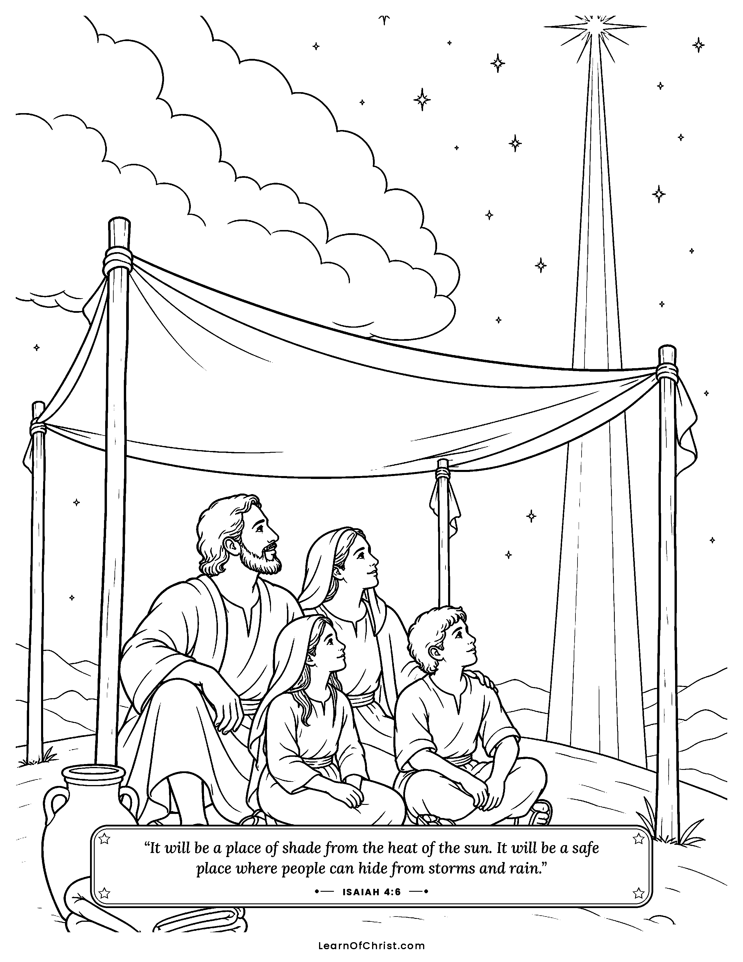Isaiah 4 coloring page - A sheltering canopy over God's people. Free printable Bible coloring sheet for kids.