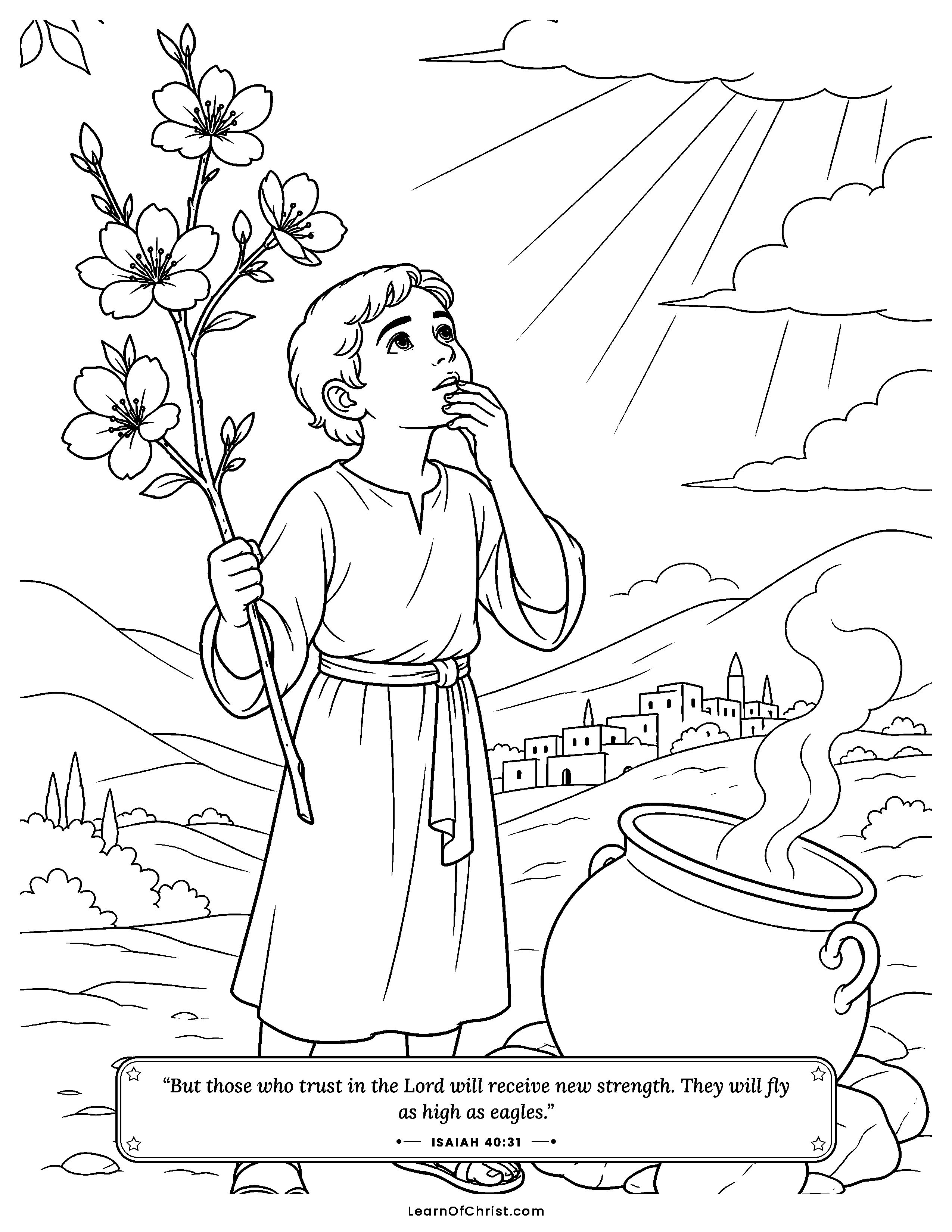 Isaiah 40 coloring page - An eagle soars above the tired traveler. Free printable Bible coloring sheet for kids.