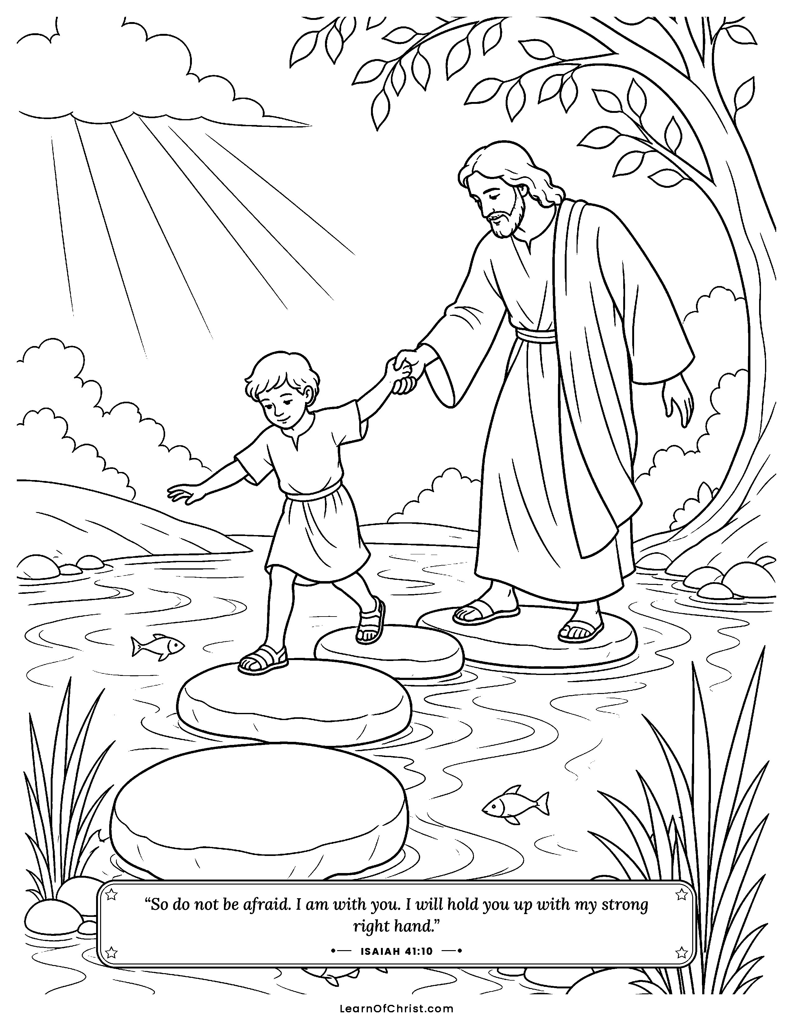 Isaiah 41 coloring page - Steady on the stepping stones. Free printable Bible coloring sheet for kids.