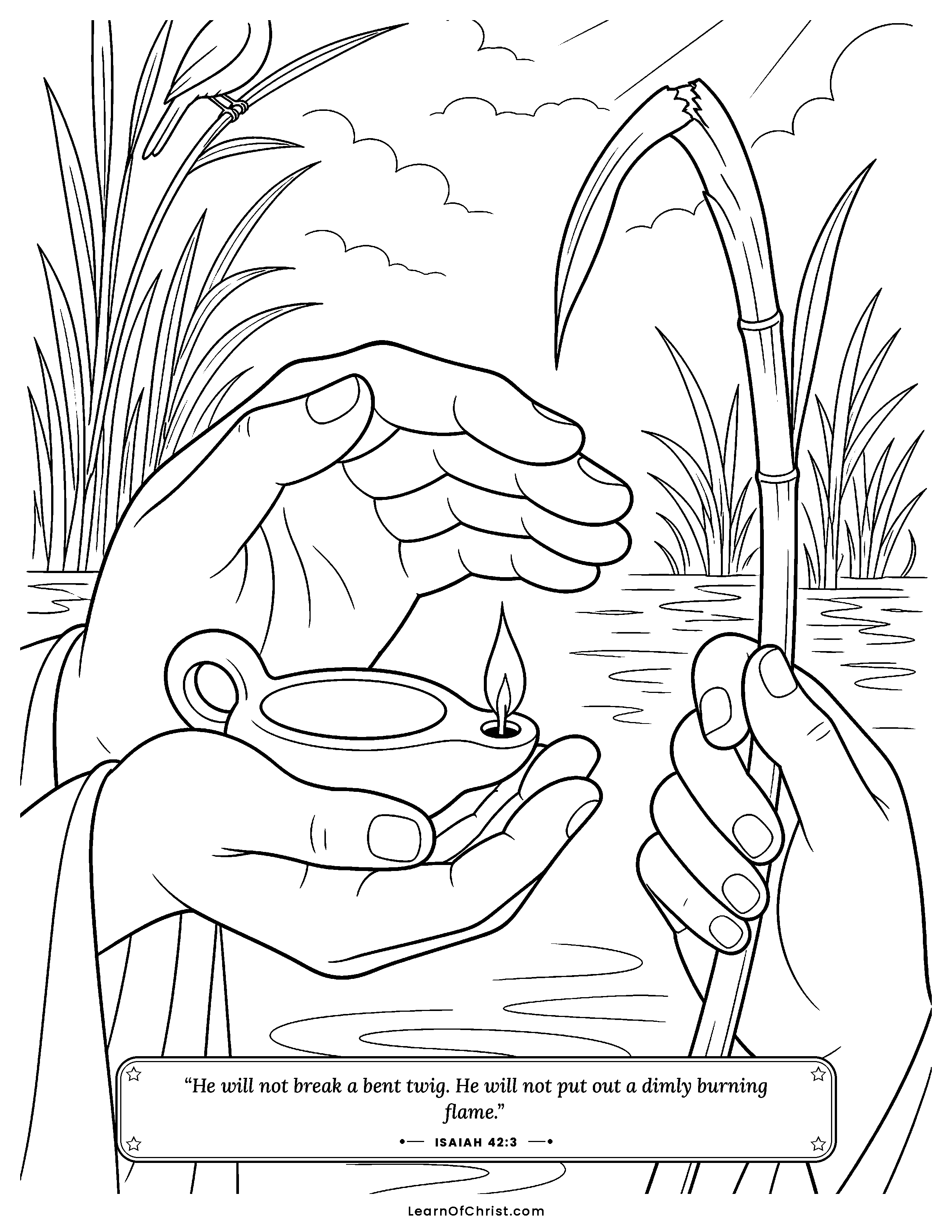 Isaiah 42 coloring page - Gentle hands guard a flame and reed. Free printable Bible coloring sheet for kids.