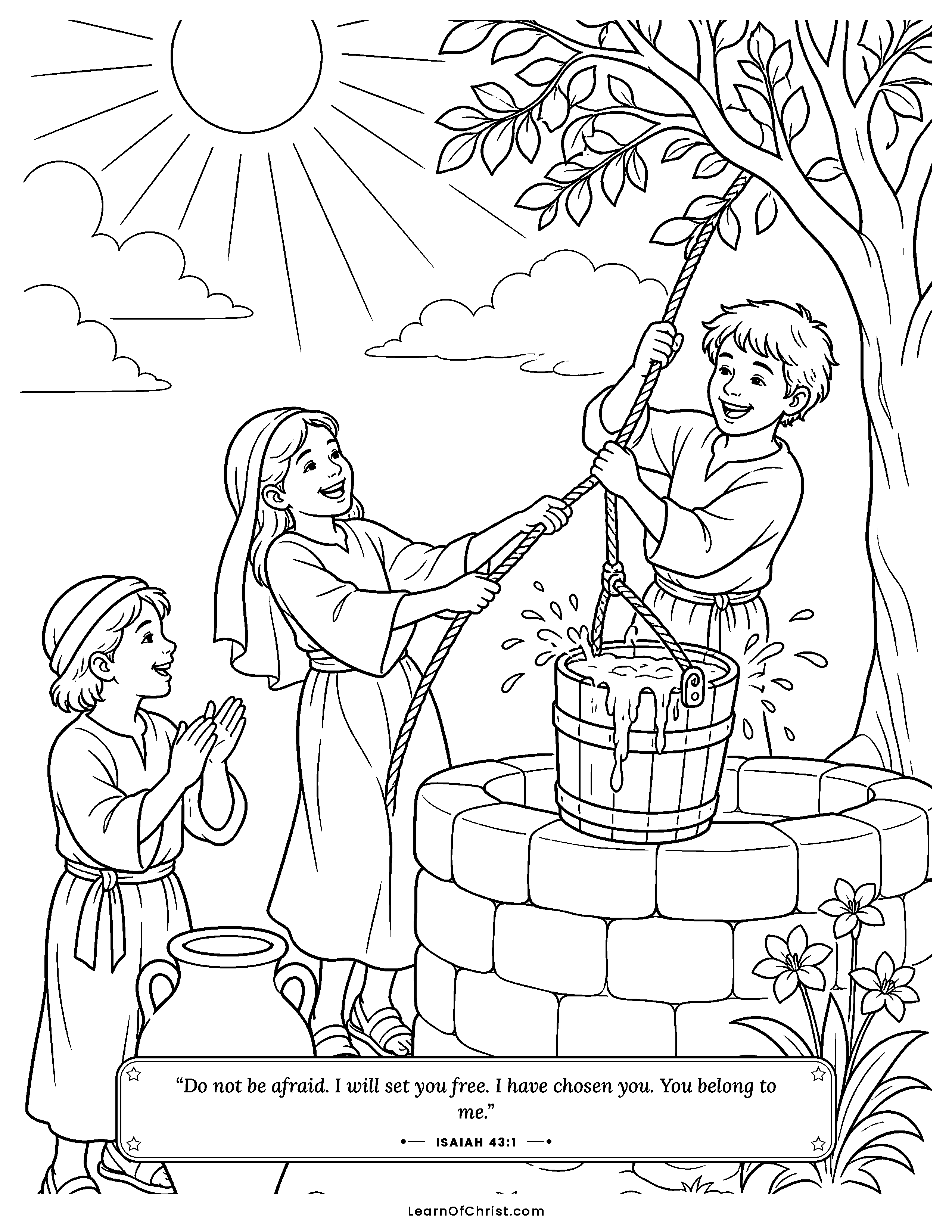 Isaiah 43 coloring page - Walking safely through the deep river. Free printable Bible coloring sheet for kids.