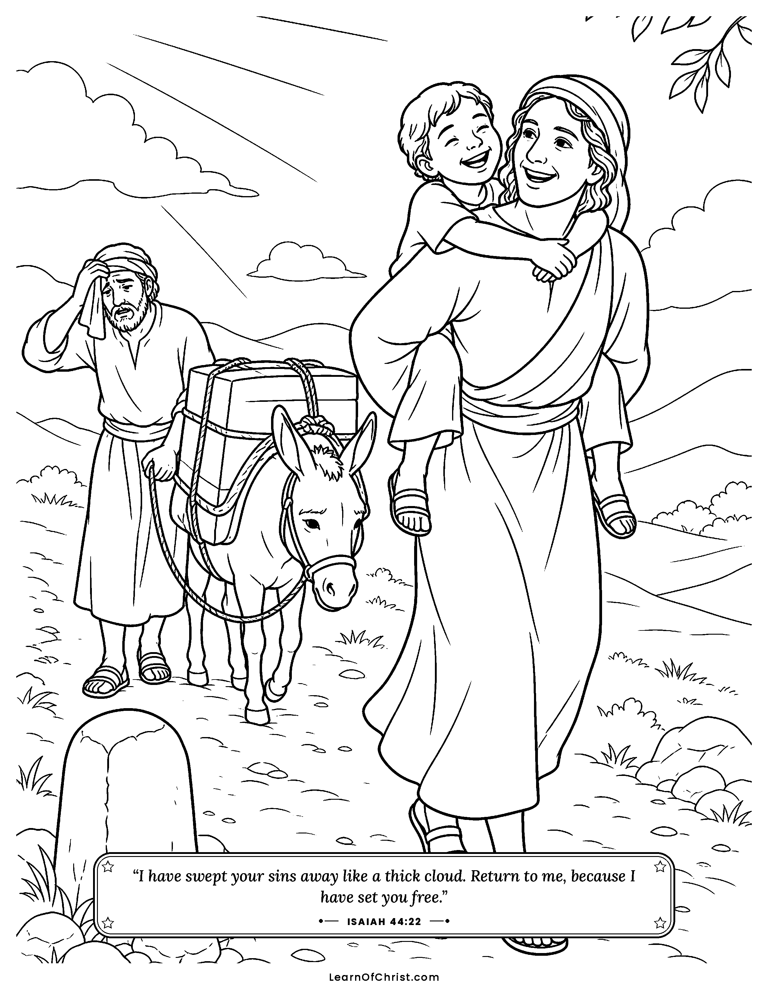 Isaiah 44 coloring page - Rain on dry ground, young trees growing. Free printable Bible coloring sheet for kids.