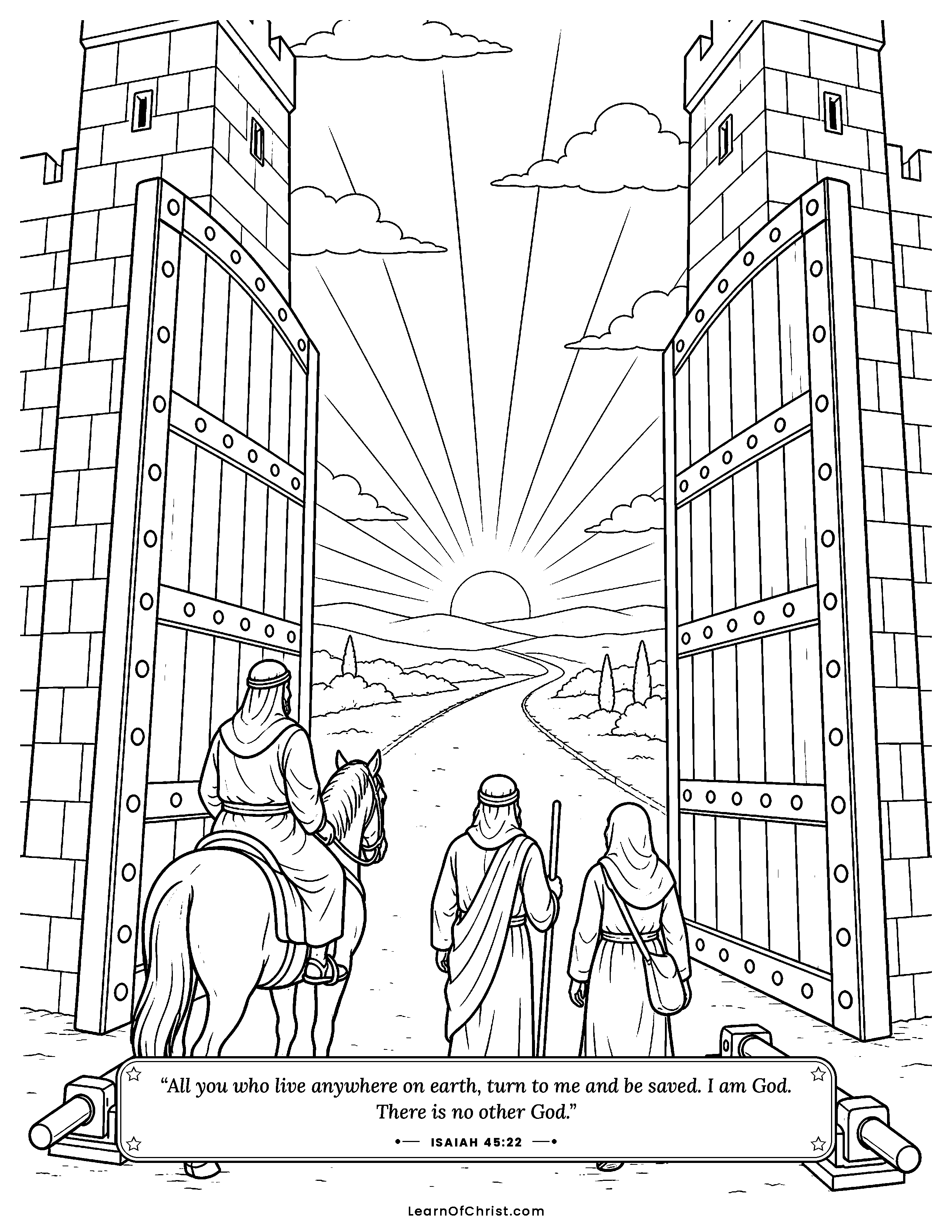 Isaiah 45 coloring page - The great city gates swing open. Free printable Bible coloring sheet for kids.