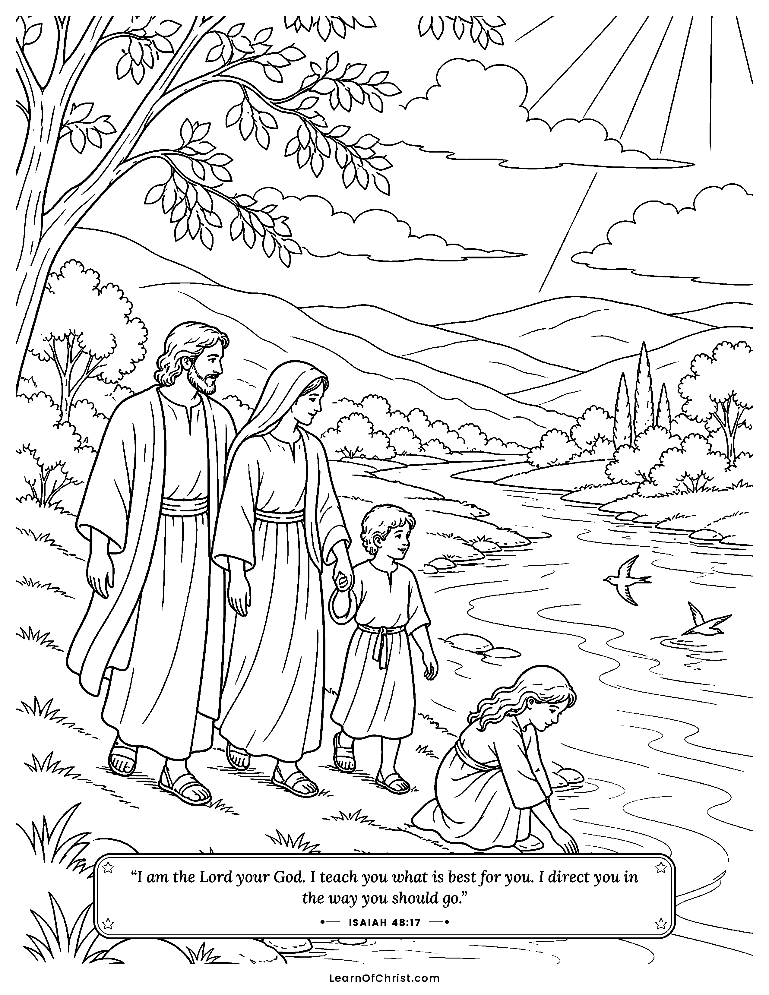 Isaiah 48 coloring page - Peace flowing like a wide river. Free printable Bible coloring sheet for kids.