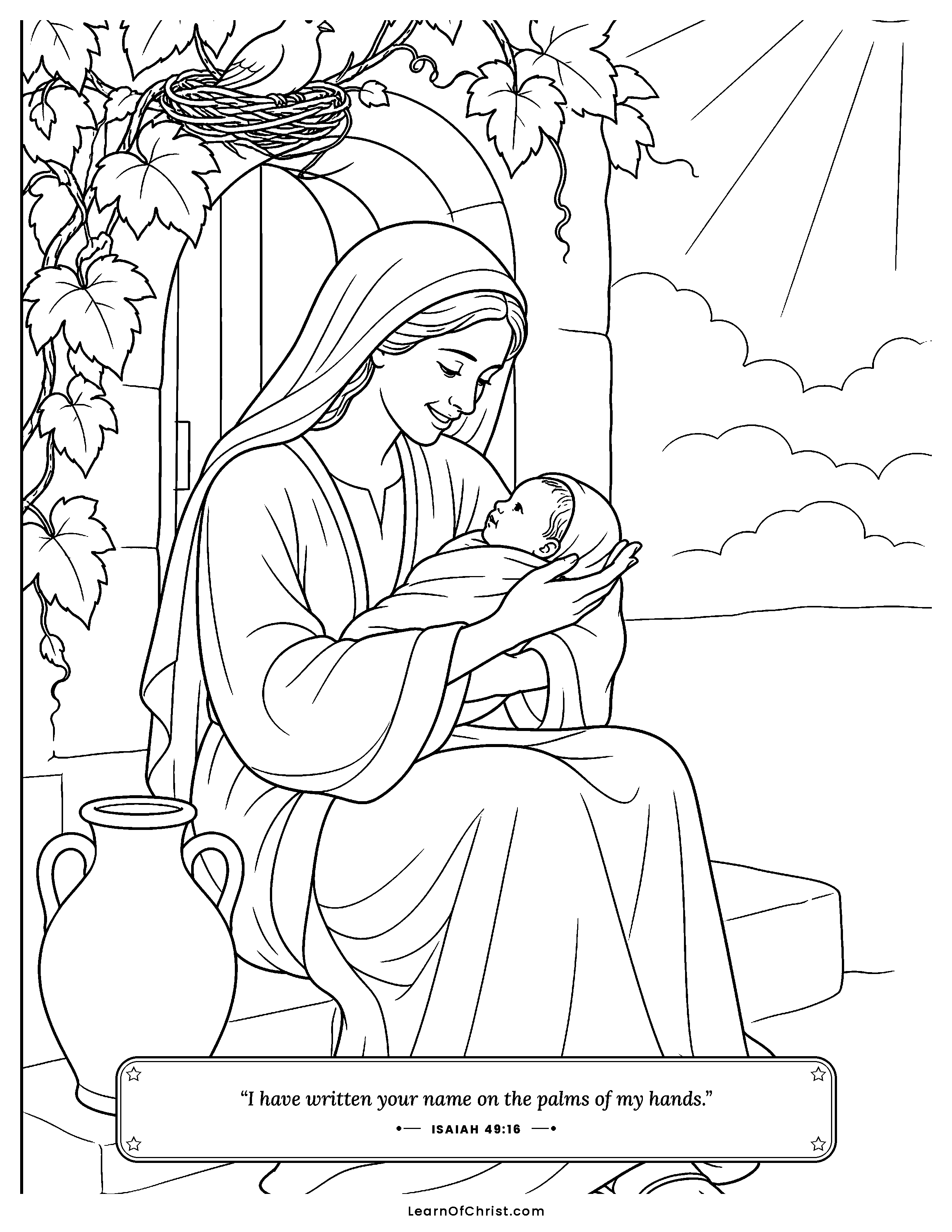 Isaiah 49 coloring page - A mother holds her baby close. Free printable Bible coloring sheet for kids.