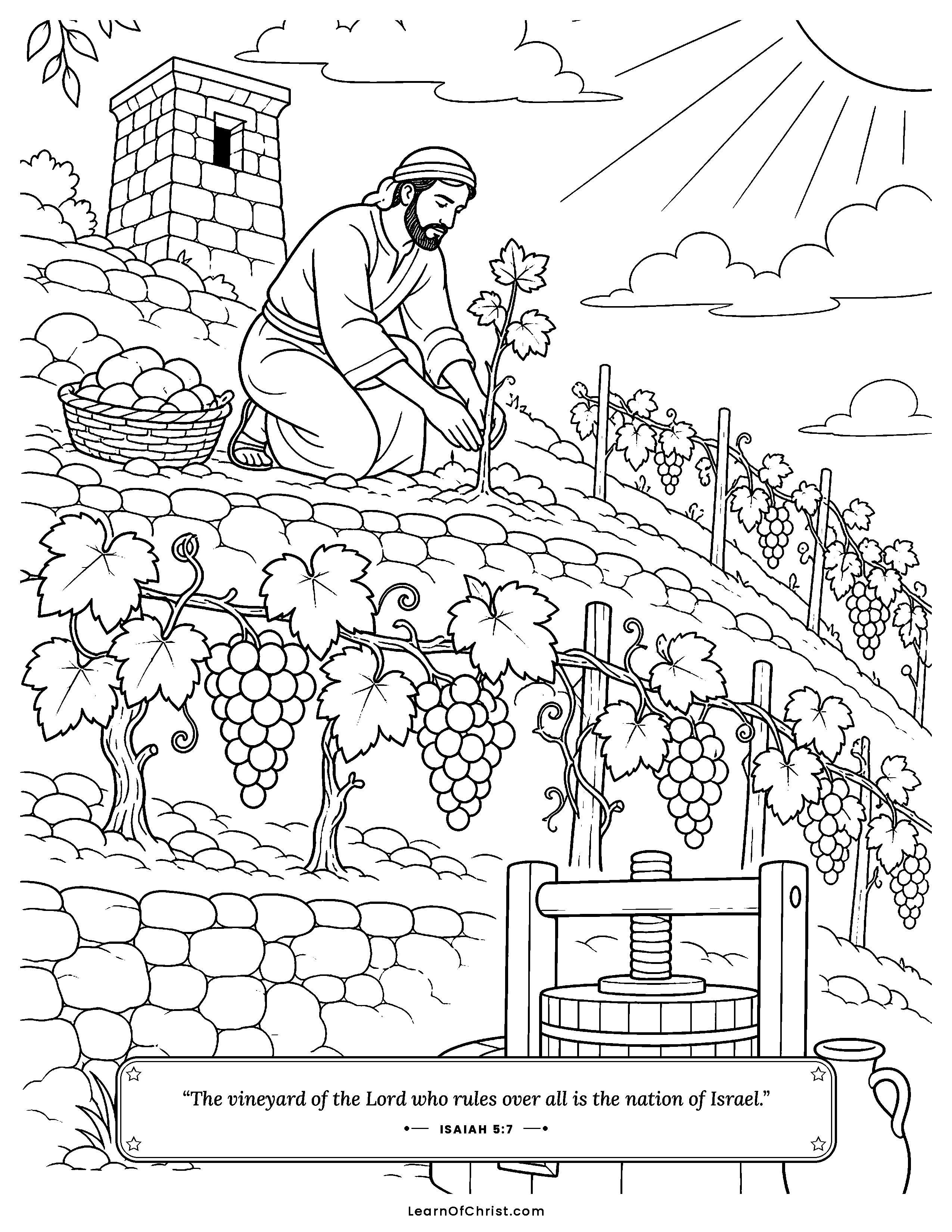 Isaiah 5 coloring page - A gardener plants his hillside vineyard. Free printable Bible coloring sheet for kids.