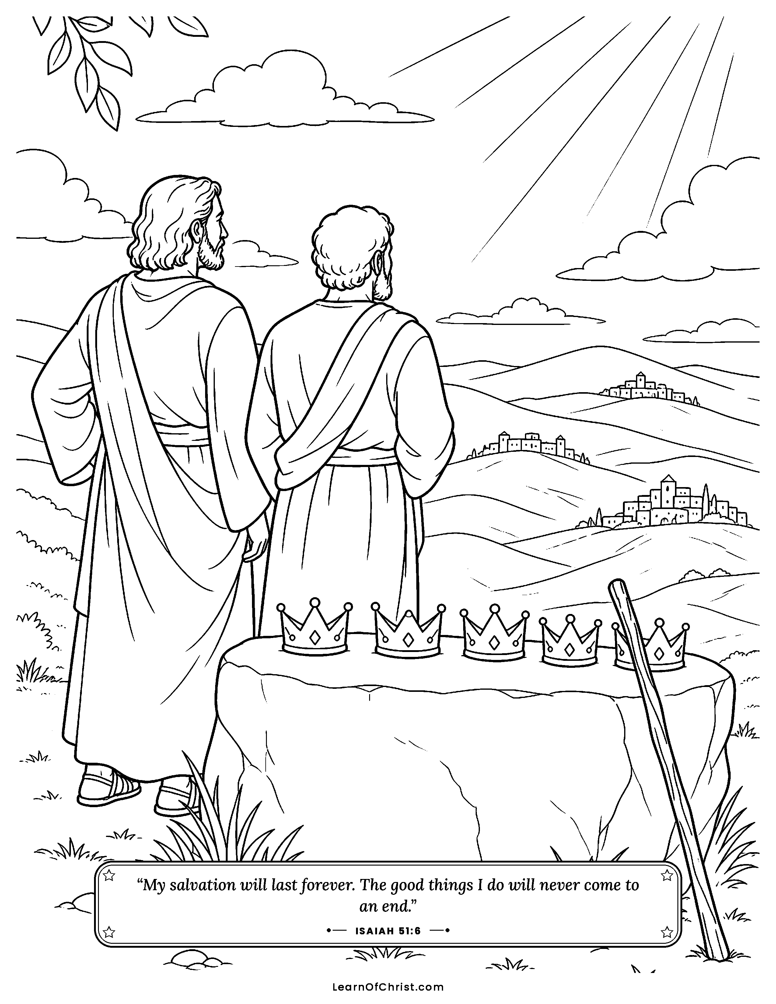 Isaiah 51 coloring page - Abraham and Sarah under countless stars. Free printable Bible coloring sheet for kids.