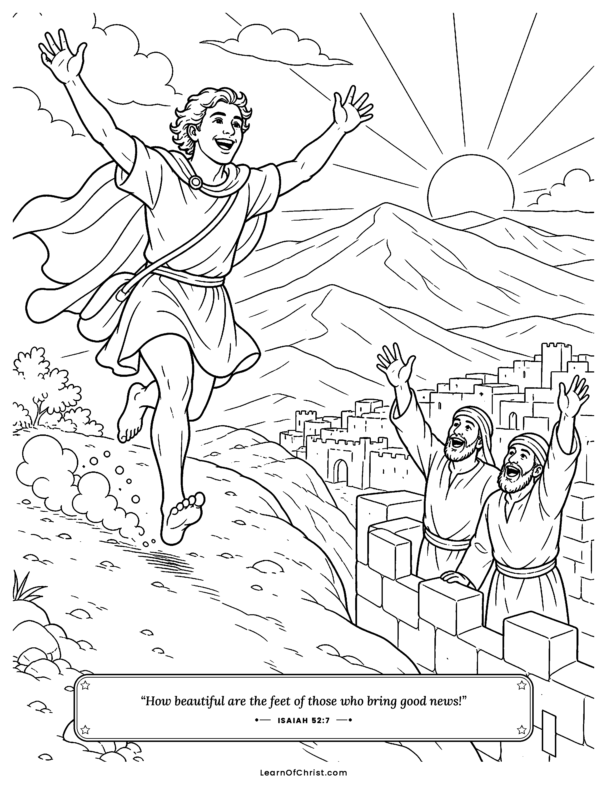 Isaiah 52 coloring page - The messenger runs with good news. Free printable Bible coloring sheet for kids.