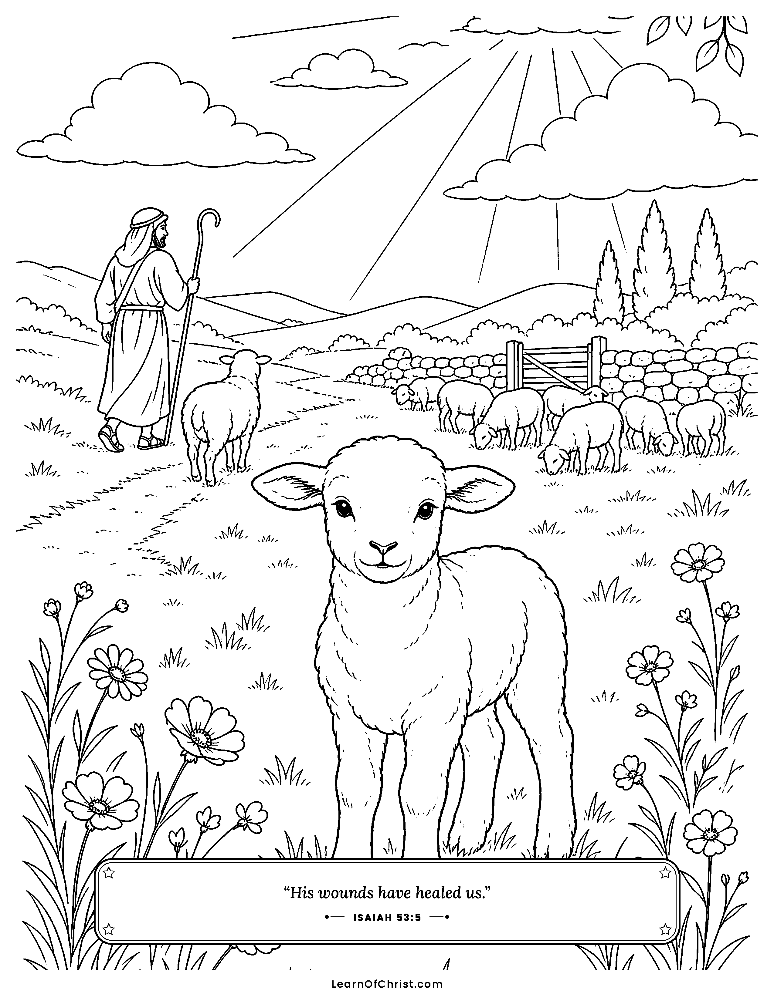 Isaiah 53 coloring page - A quiet gentle lamb in the meadow. Free printable Bible coloring sheet for kids.