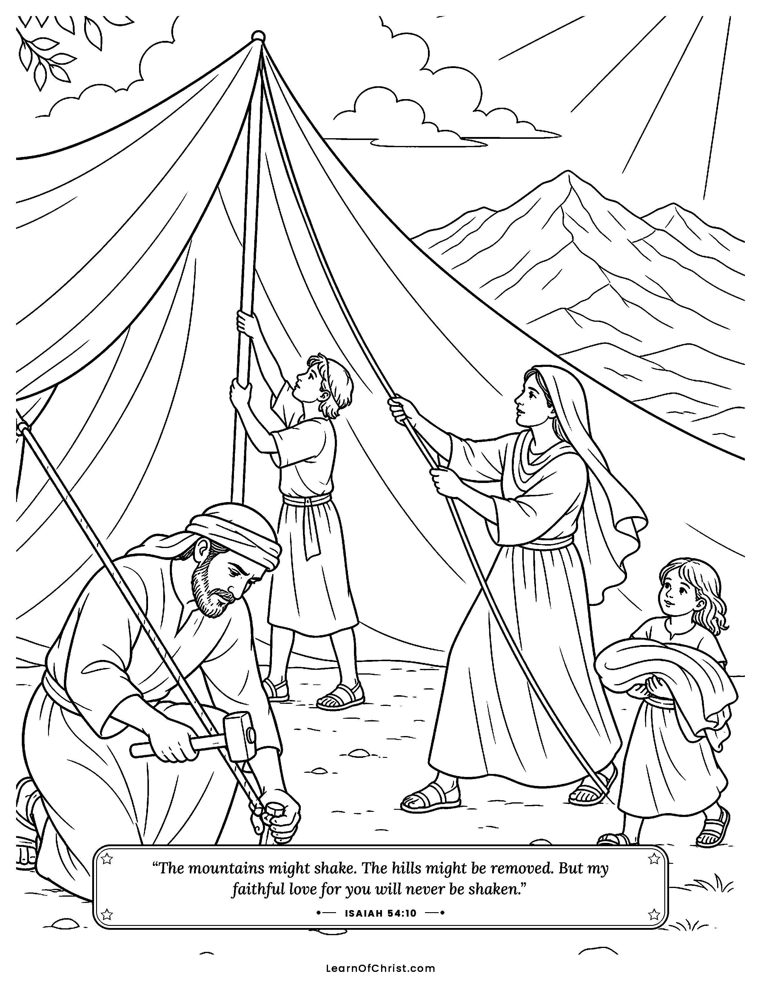 Isaiah 54 coloring page - Making the family tent much bigger. Free printable Bible coloring sheet for kids.