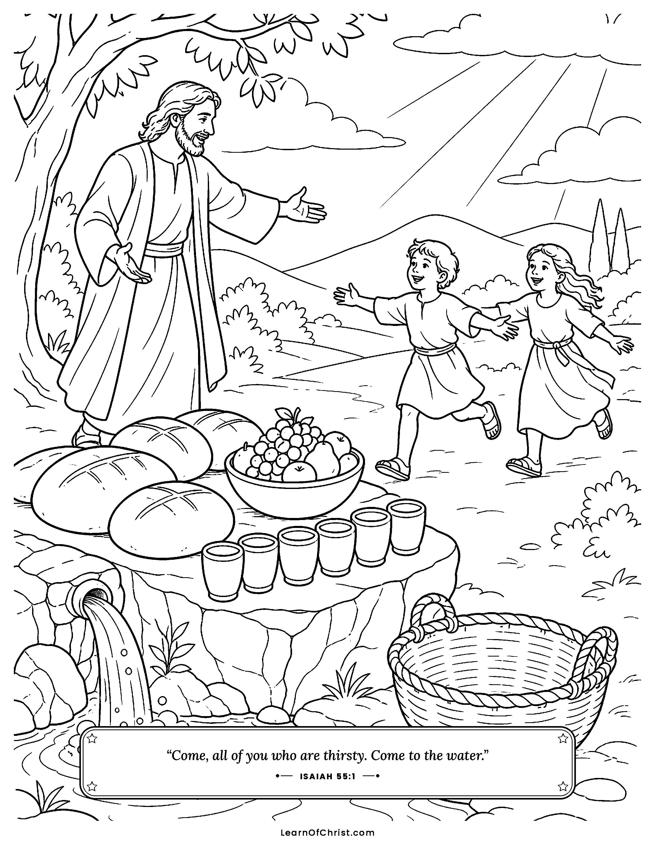 Isaiah 55 coloring page - Come to the water, everything is free. Free printable Bible coloring sheet for kids.