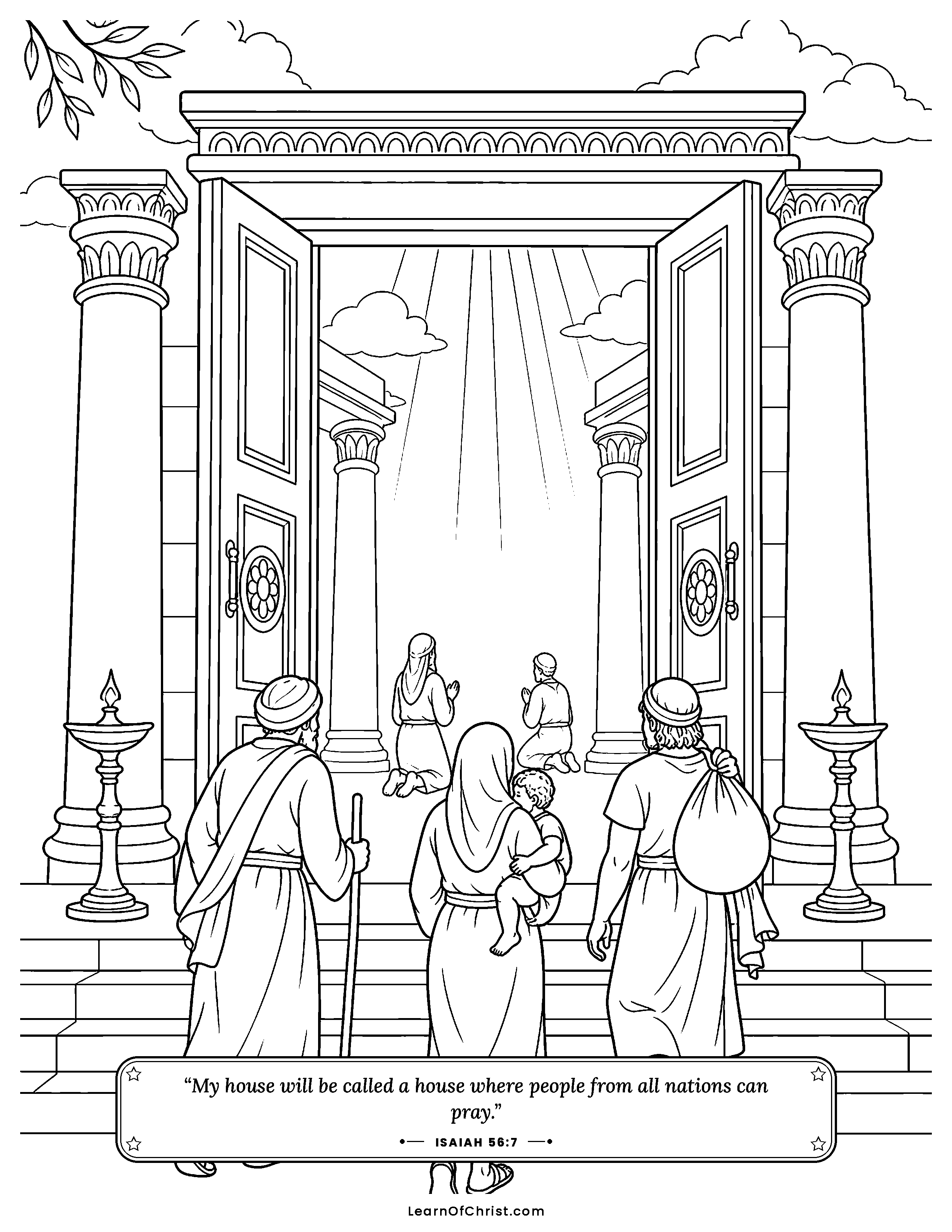 Isaiah 56 coloring page - A house of prayer for every land. Free printable Bible coloring sheet for kids.