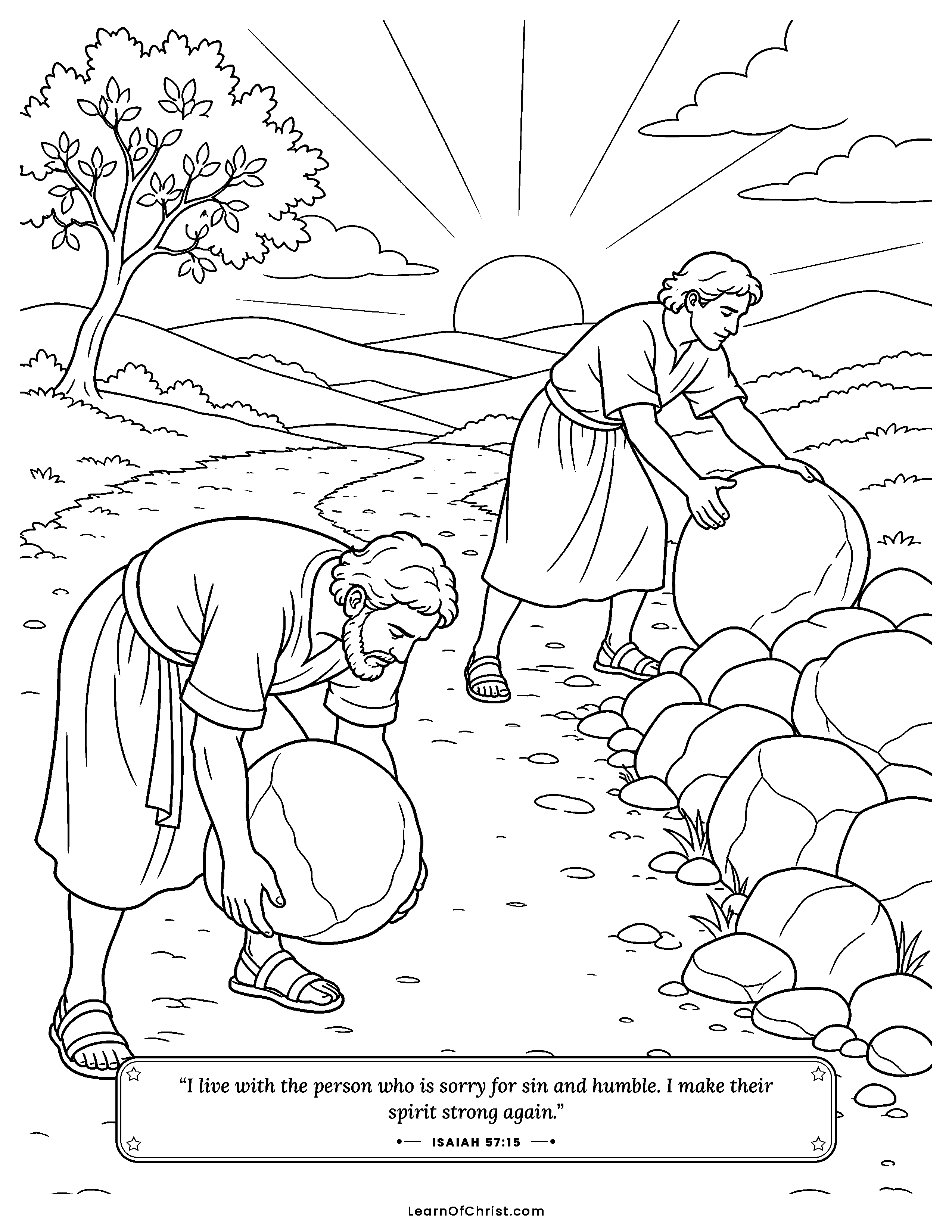 Isaiah 57 coloring page - Clearing the stones off the road. Free printable Bible coloring sheet for kids.