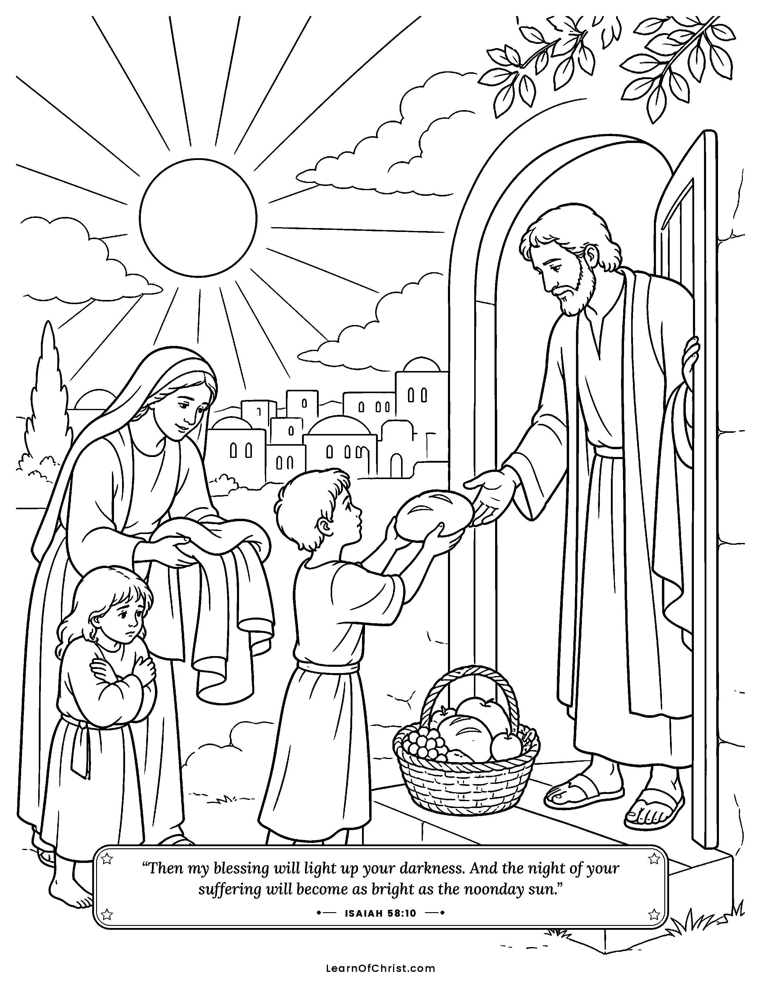 Isaiah 58 coloring page - Sharing bread and a warm coat. Free printable Bible coloring sheet for kids.