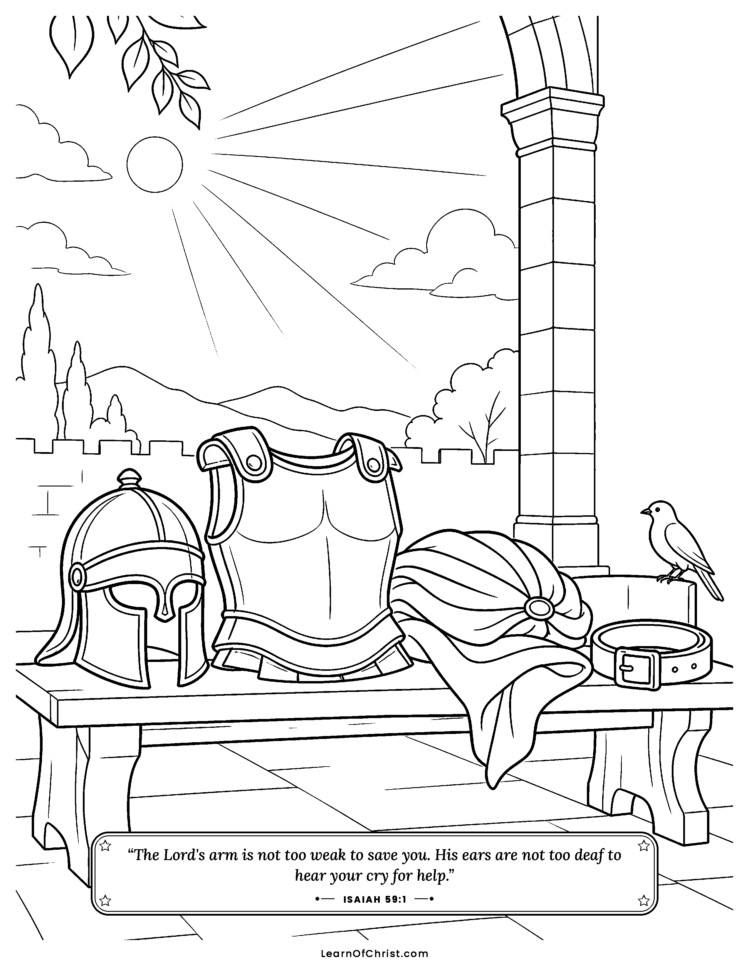 Isaiah 59 coloring page - The rescuer's armor laid out ready. Free printable Bible coloring sheet for kids.