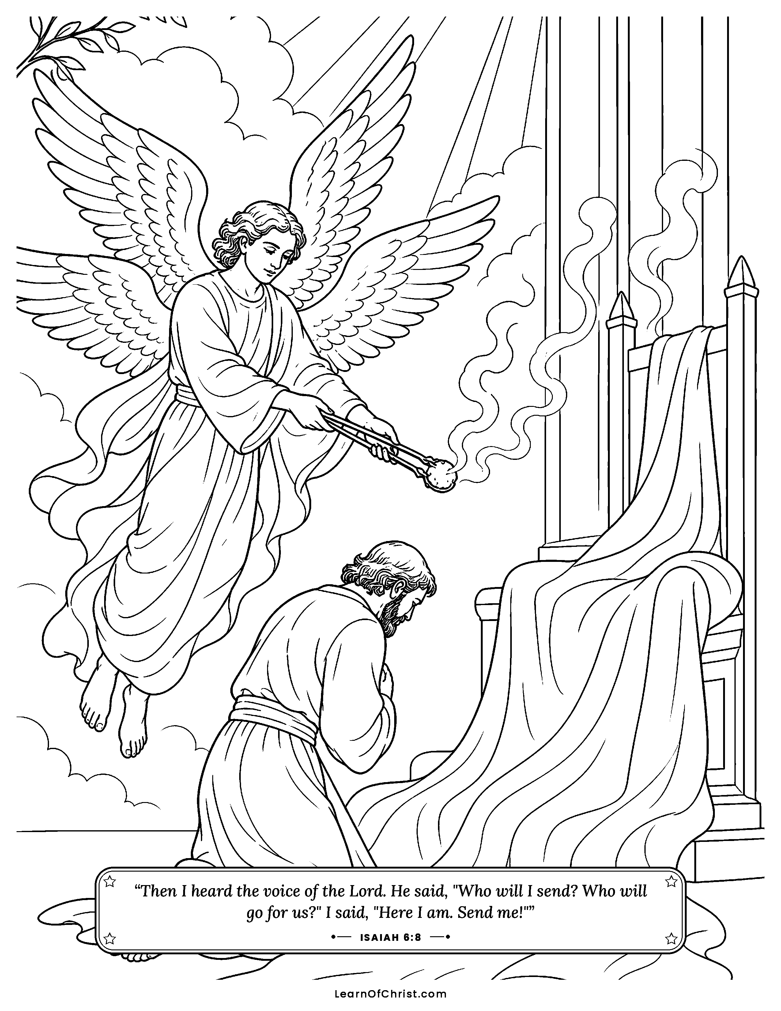 Isaiah 6 coloring page - Isaiah kneels before the shining throne. Free printable Bible coloring sheet for kids.