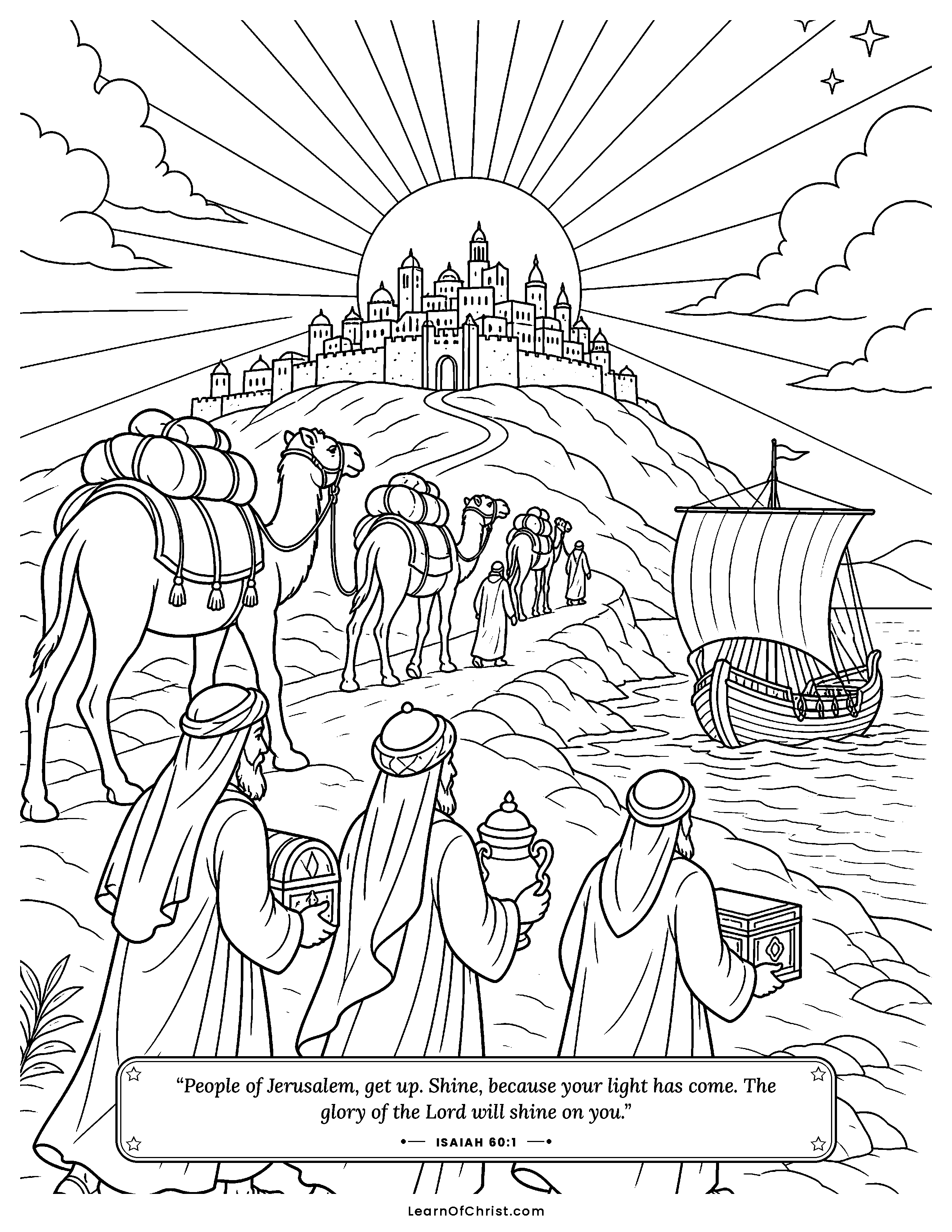 Isaiah 60 coloring page - Gifts arrive at the shining city. Free printable Bible coloring sheet for kids.