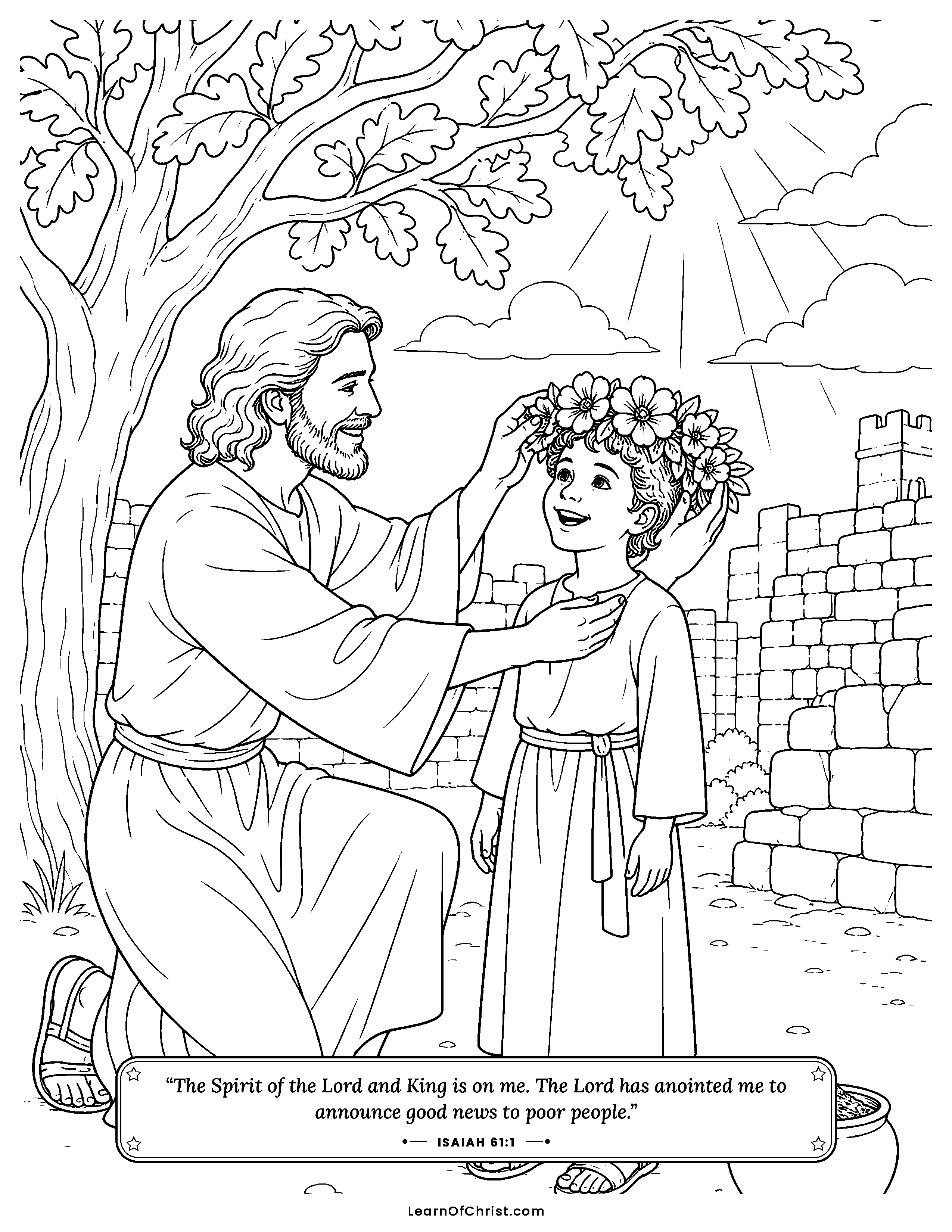 Isaiah 61 coloring page - A crown of flowers instead of ashes. Free printable Bible coloring sheet for kids.
