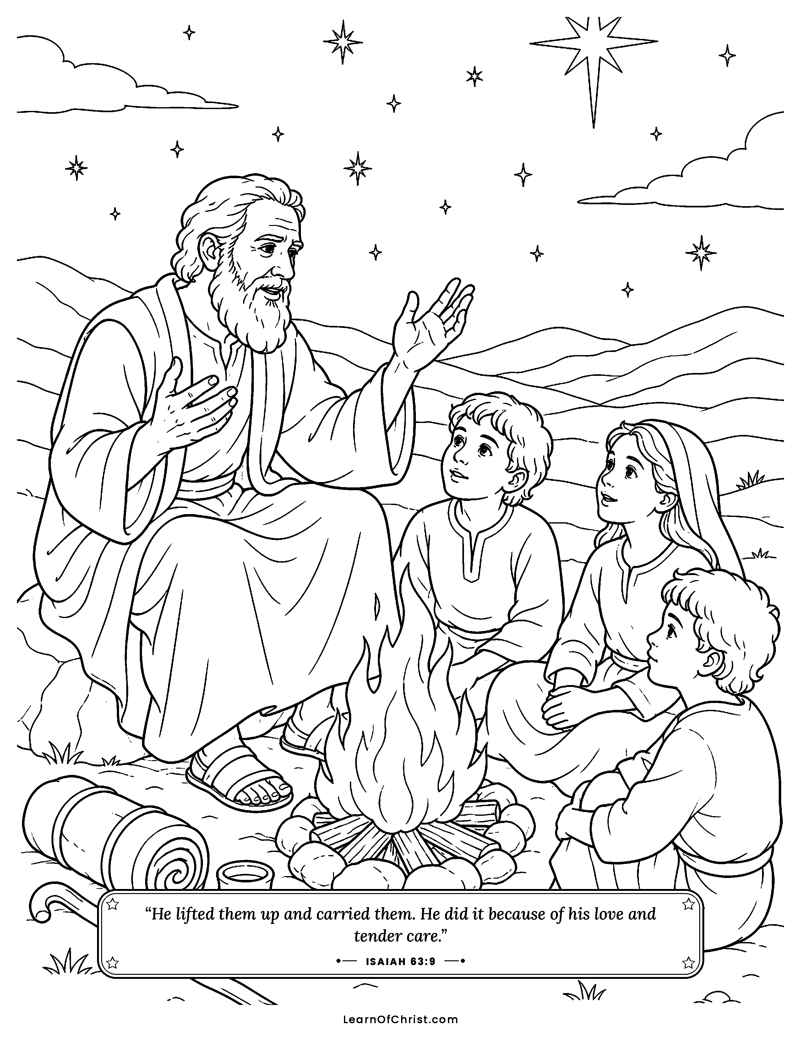 Isaiah 63 coloring page - Grandfather tells of God's kindness. Free printable Bible coloring sheet for kids.