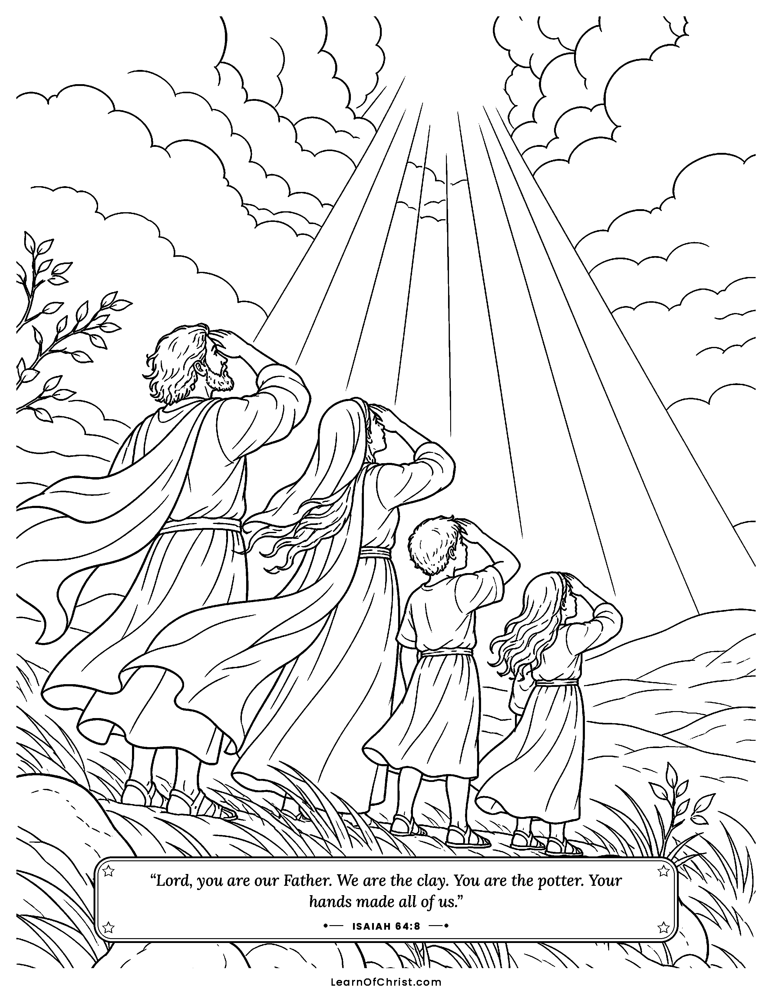 Isaiah 64 coloring page - The sky opens with light. Free printable Bible coloring sheet for kids.