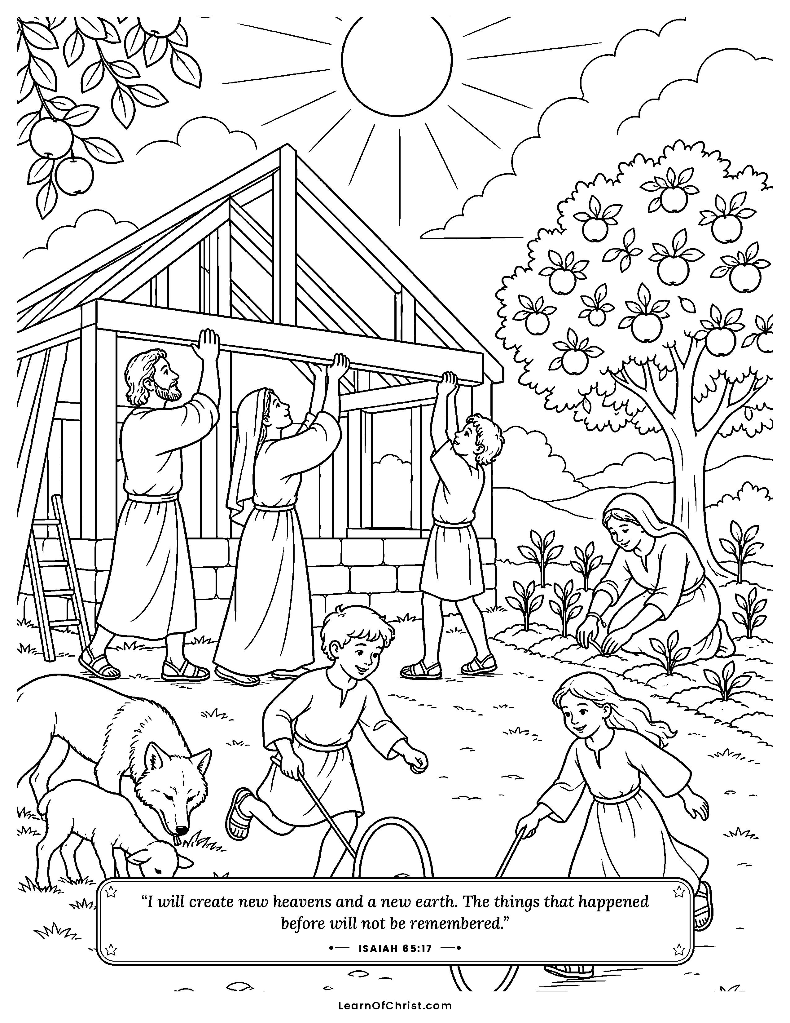 Isaiah 65 coloring page - Building houses in a brand-new world. Free printable Bible coloring sheet for kids.