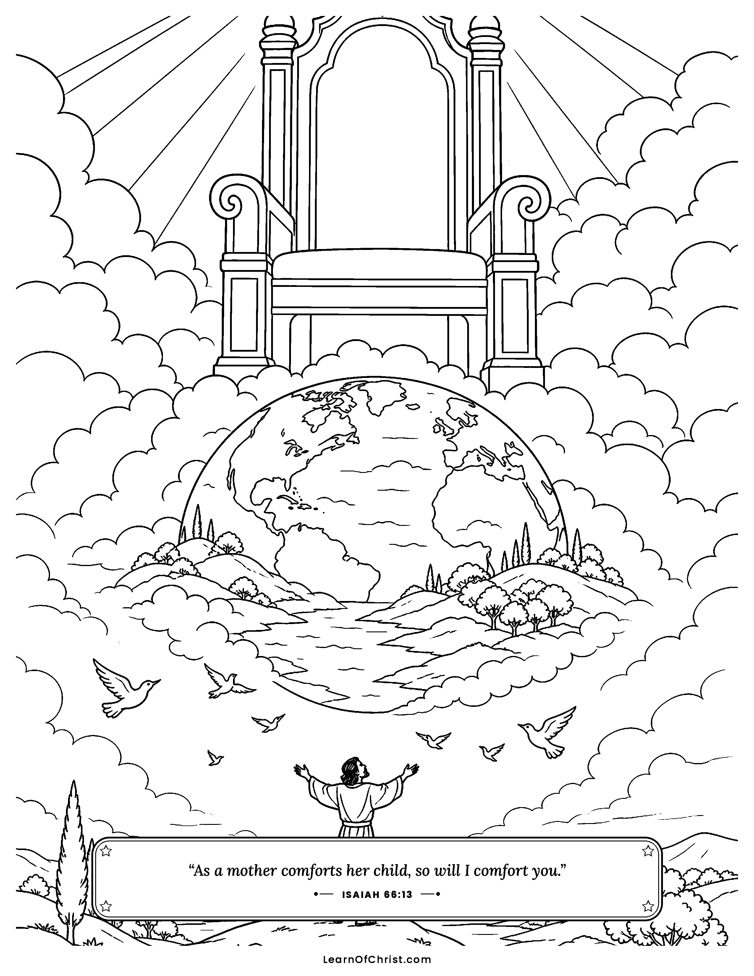 Isaiah 66 coloring page - Heaven a throne, the earth a footstool. Free printable Bible coloring sheet for kids.