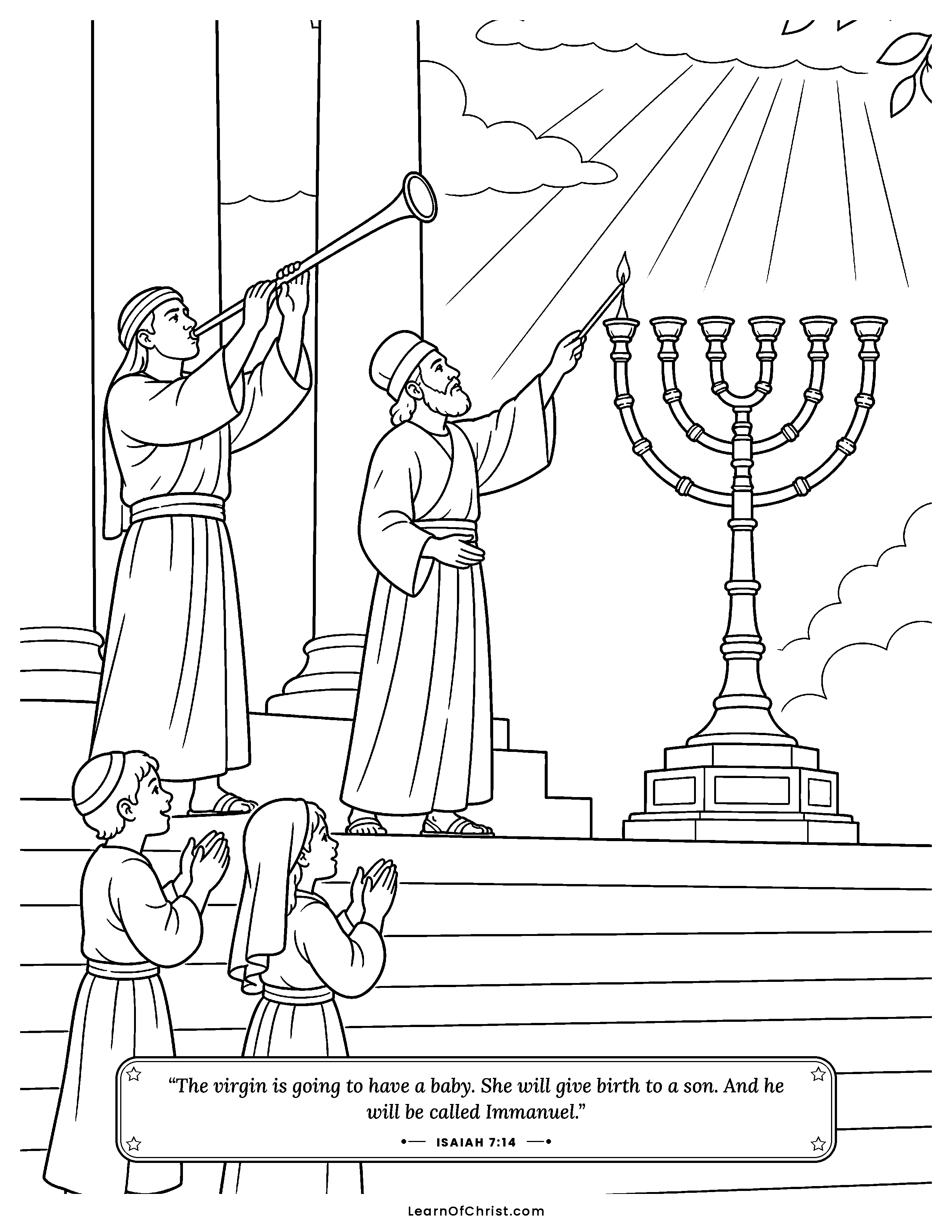 Isaiah 7 coloring page - Isaiah brings a promise to King Ahaz. Free printable Bible coloring sheet for kids.