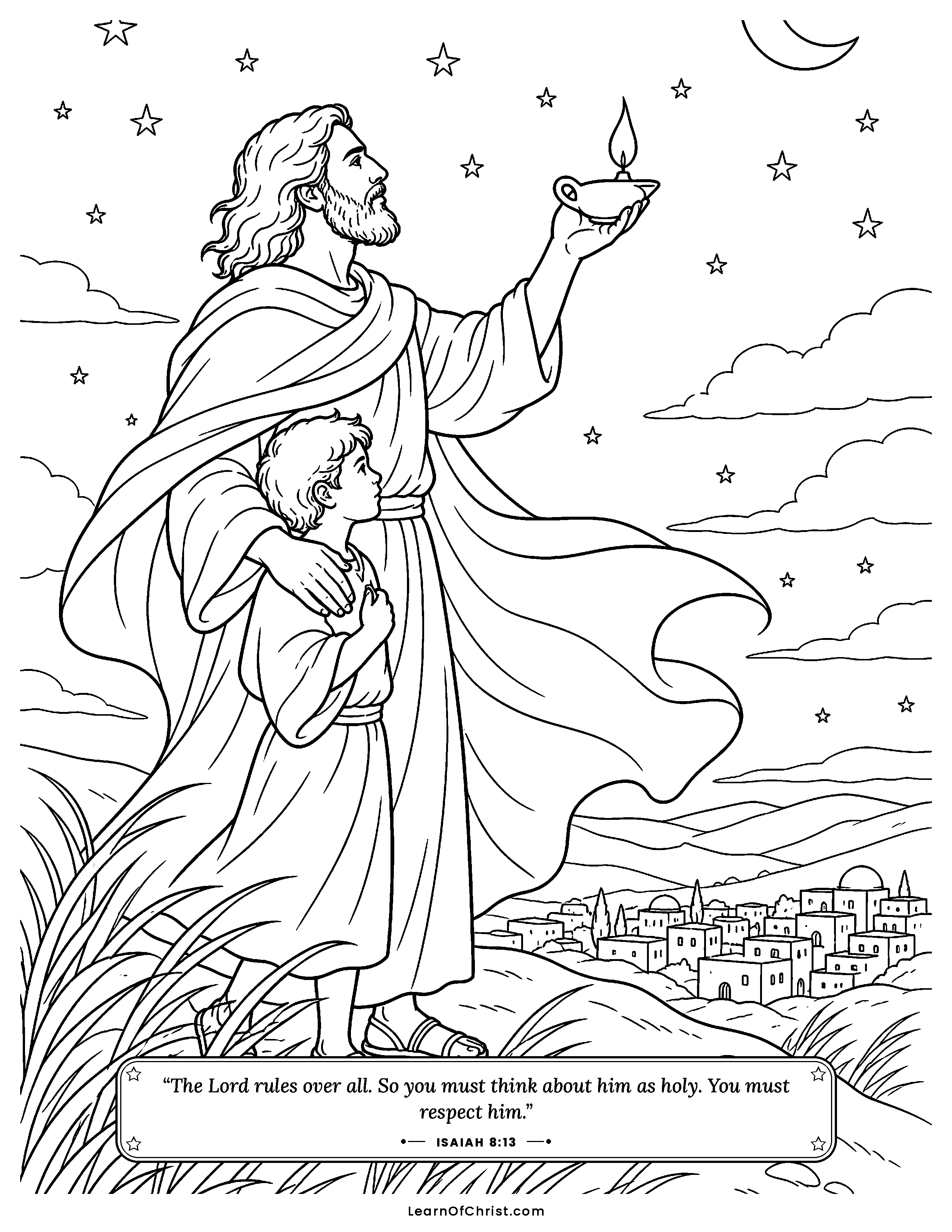 Isaiah 8 coloring page - A father and son stand calm in wind. Free printable Bible coloring sheet for kids.