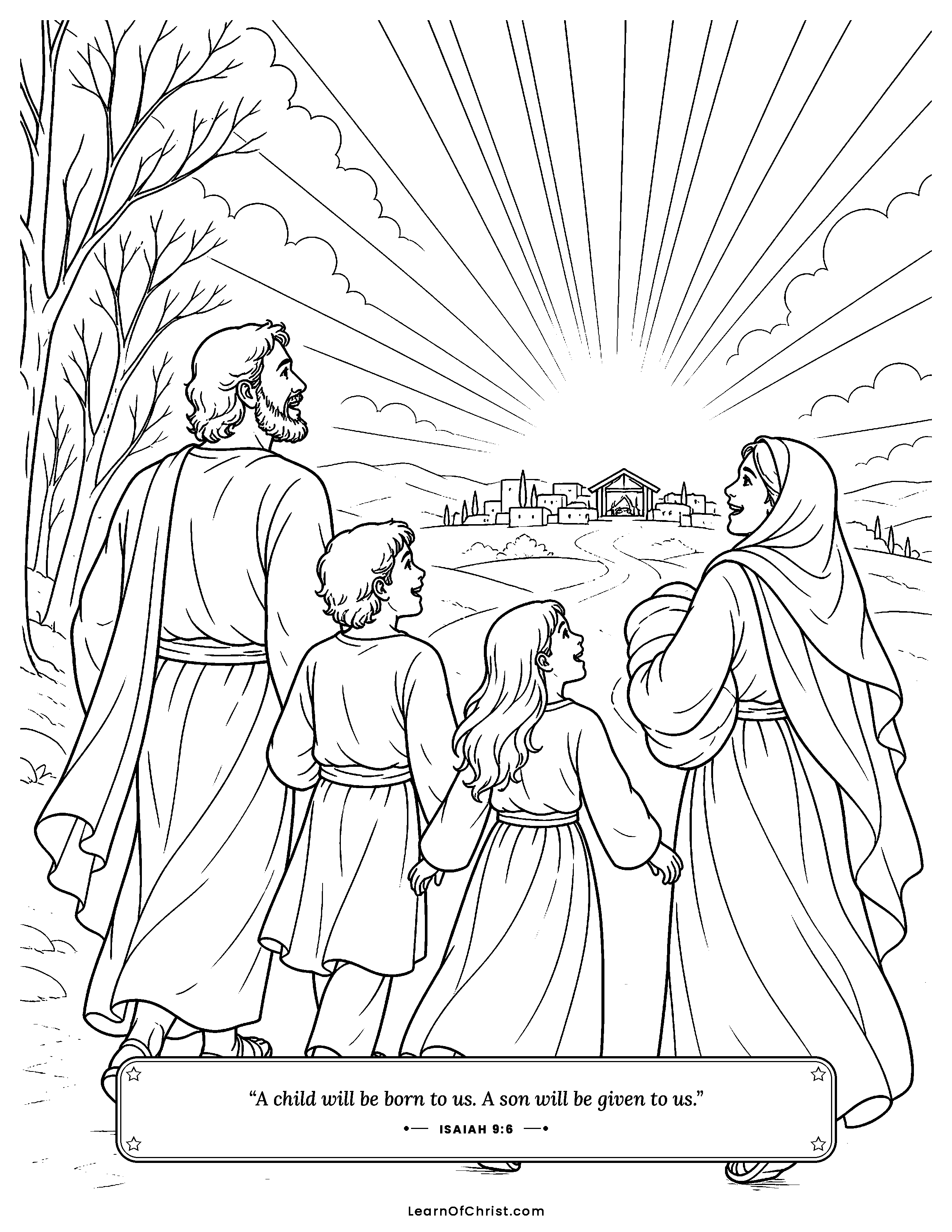 Isaiah 9 coloring page - People walking in the dark see light. Free printable Bible coloring sheet for kids.
