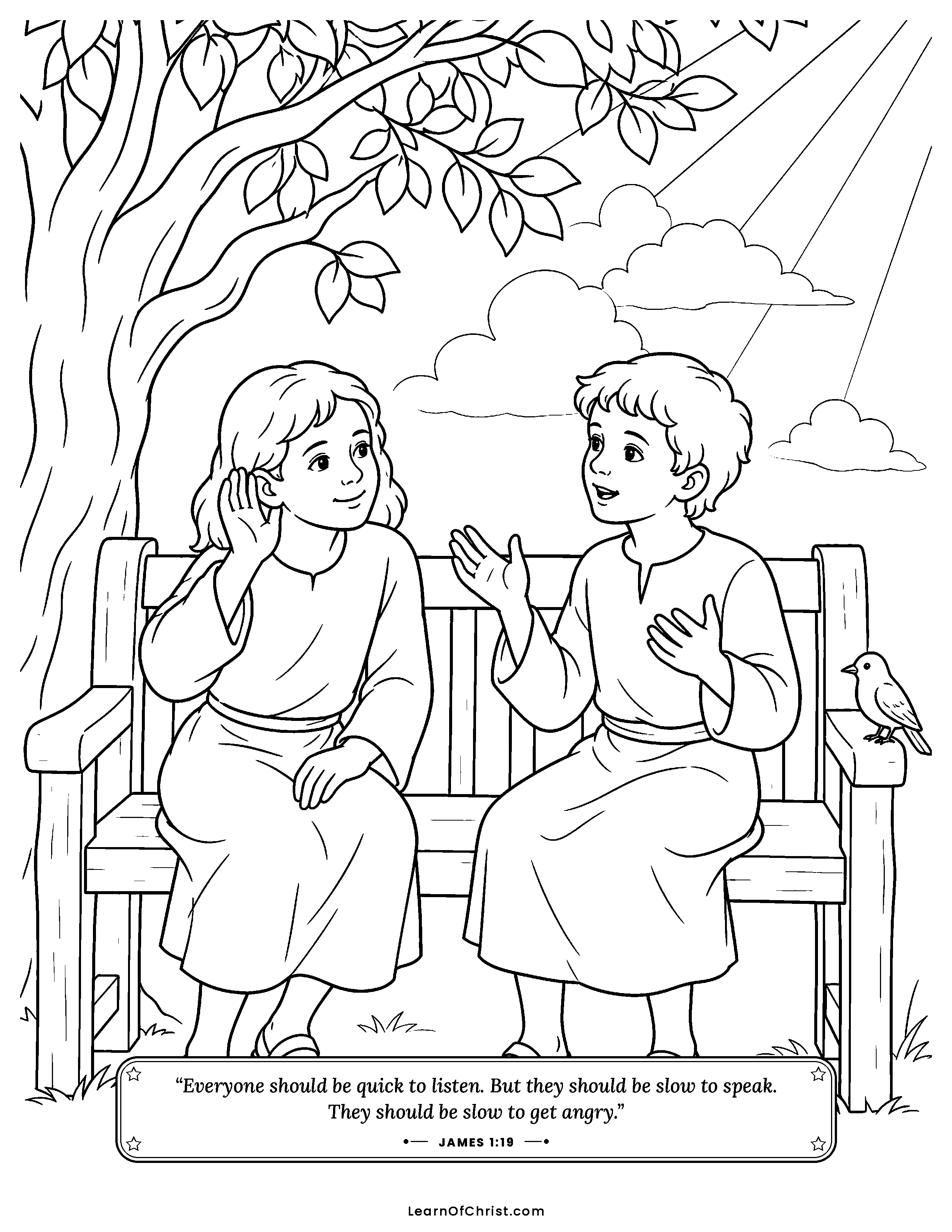 James 1 coloring page - Quick to listen, slow to speak. Free printable Bible coloring sheet for kids.