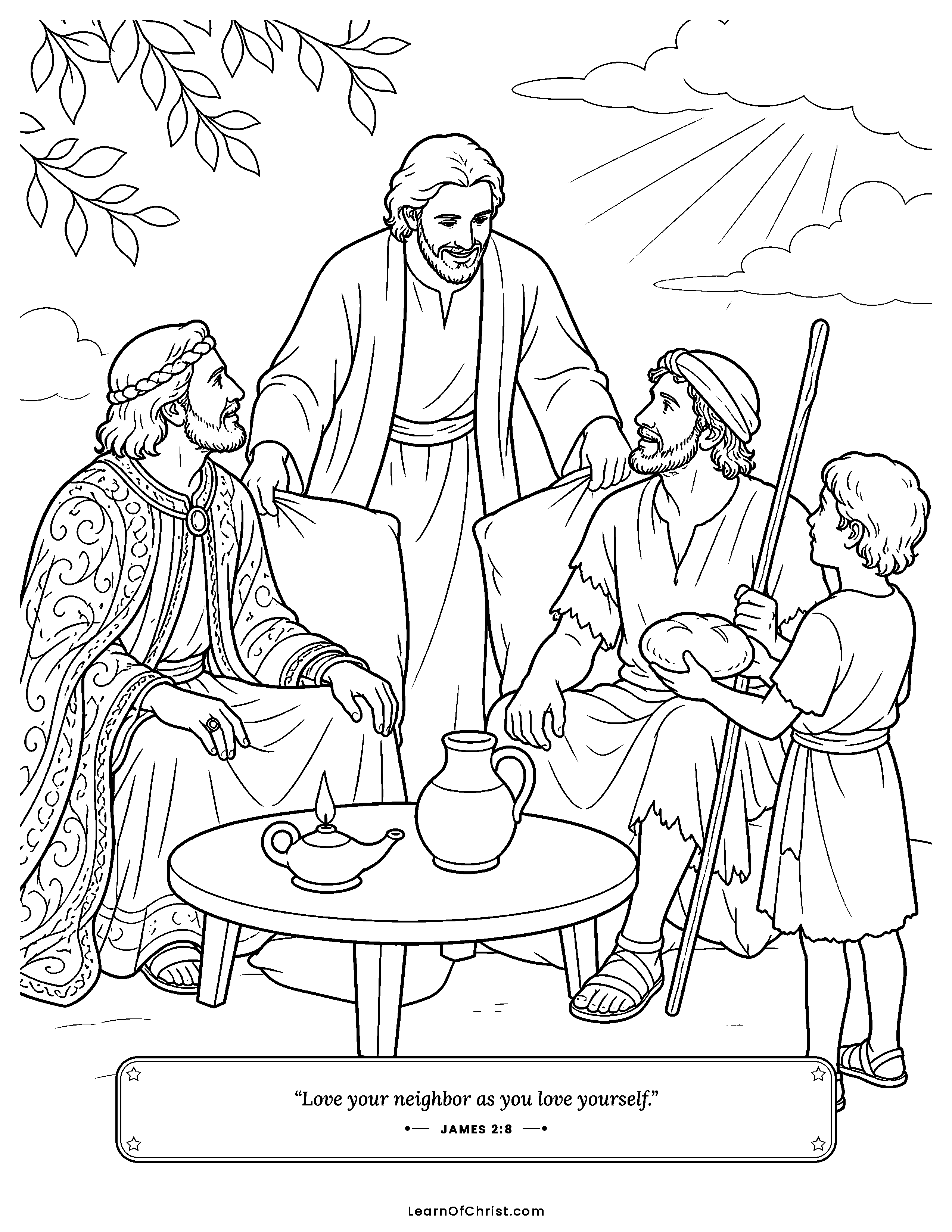 James 2 coloring page - Two visitors given the same welcome. Free printable Bible coloring sheet for kids.