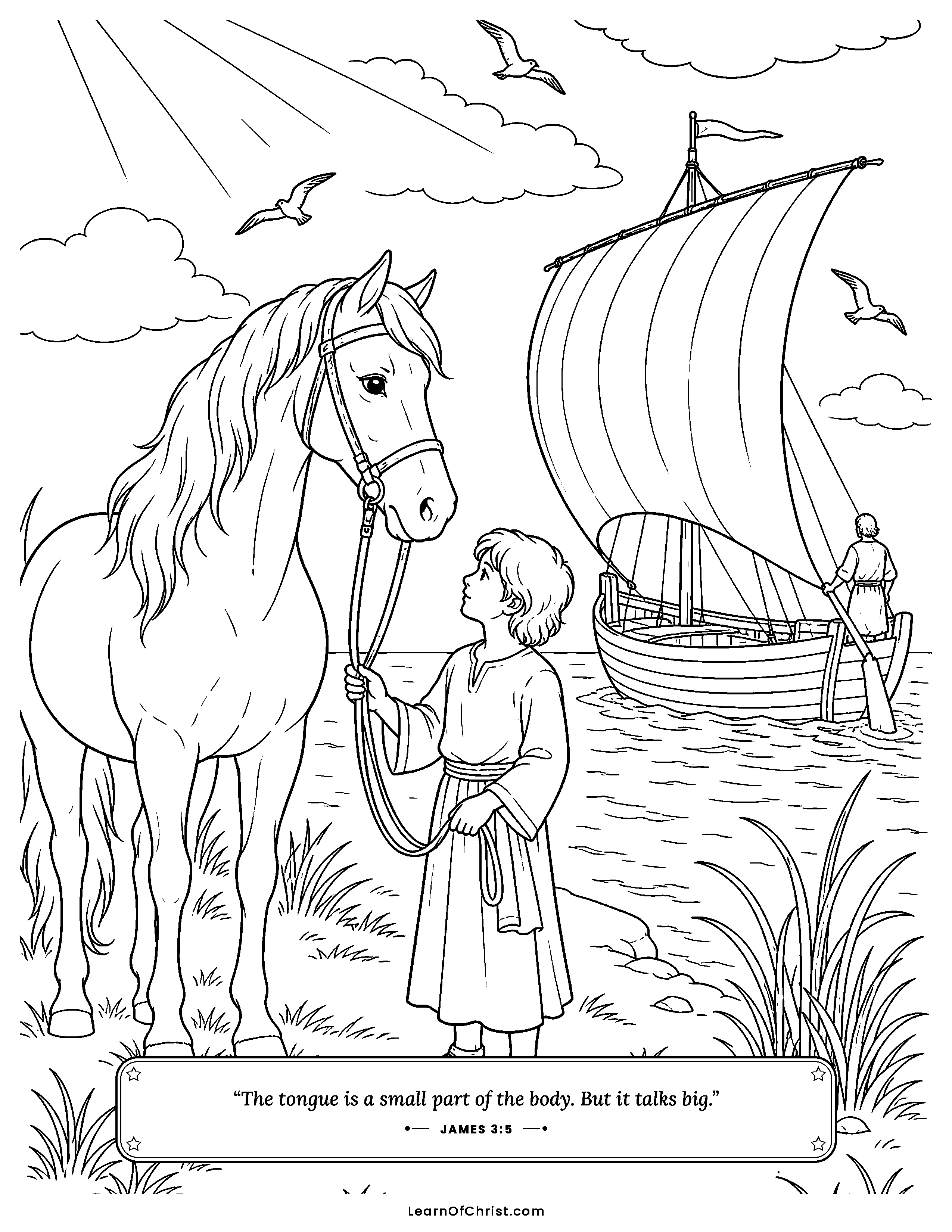 James 3 coloring page - A small bridle and a small rudder. Free printable Bible coloring sheet for kids.