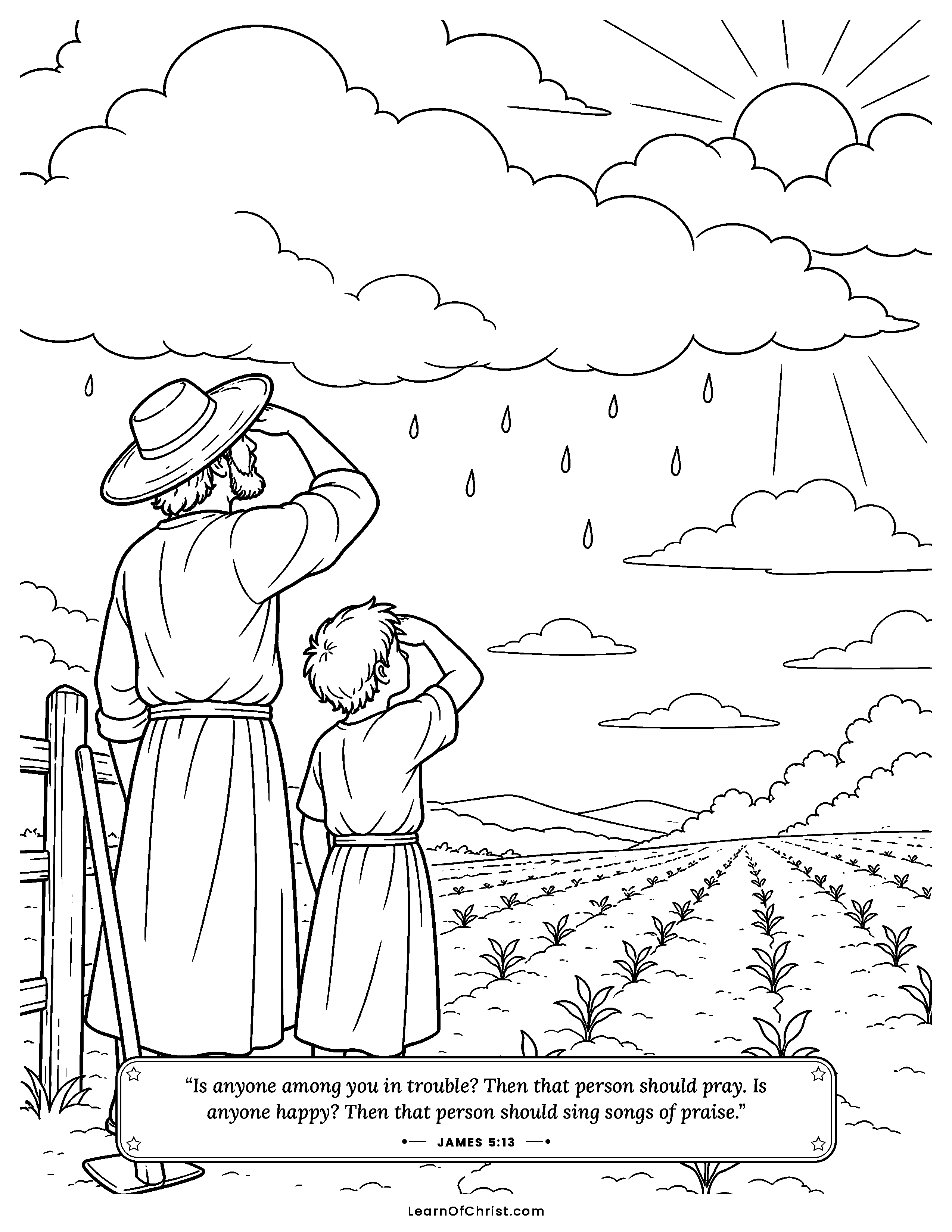 James 5 coloring page - A farmer waiting patiently for rain. Free printable Bible coloring sheet for kids.