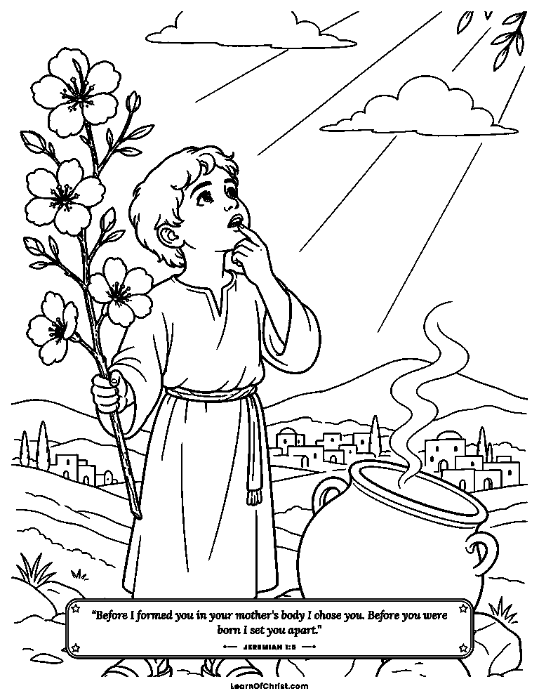Young Jeremiah holds a blossoming branch
