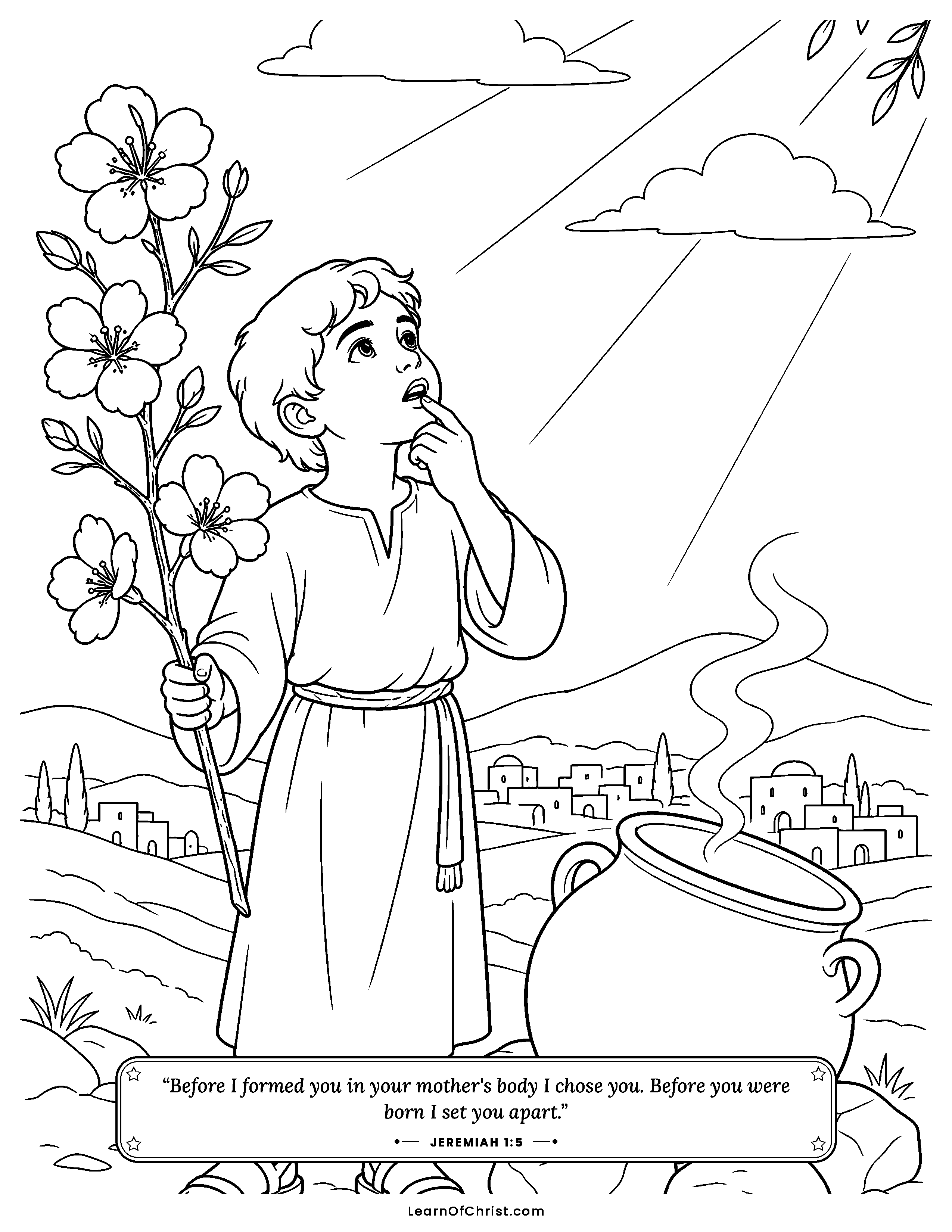 Jeremiah 1 coloring page - Young Jeremiah holds a blossoming branch. Free printable Bible coloring sheet for kids.